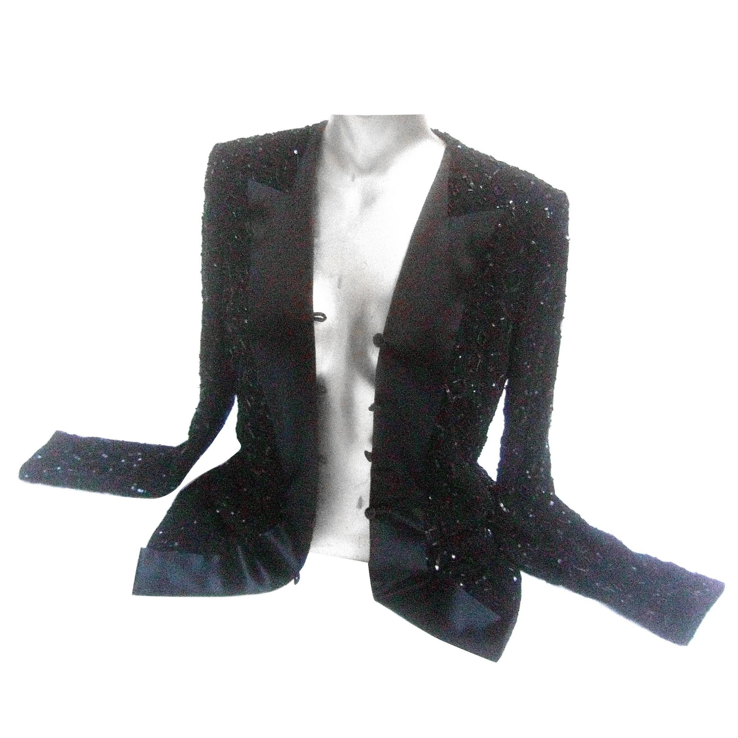 Mirella Cavorso Italian Black Silk Beaded Tuxedo Style Evening Jacket 