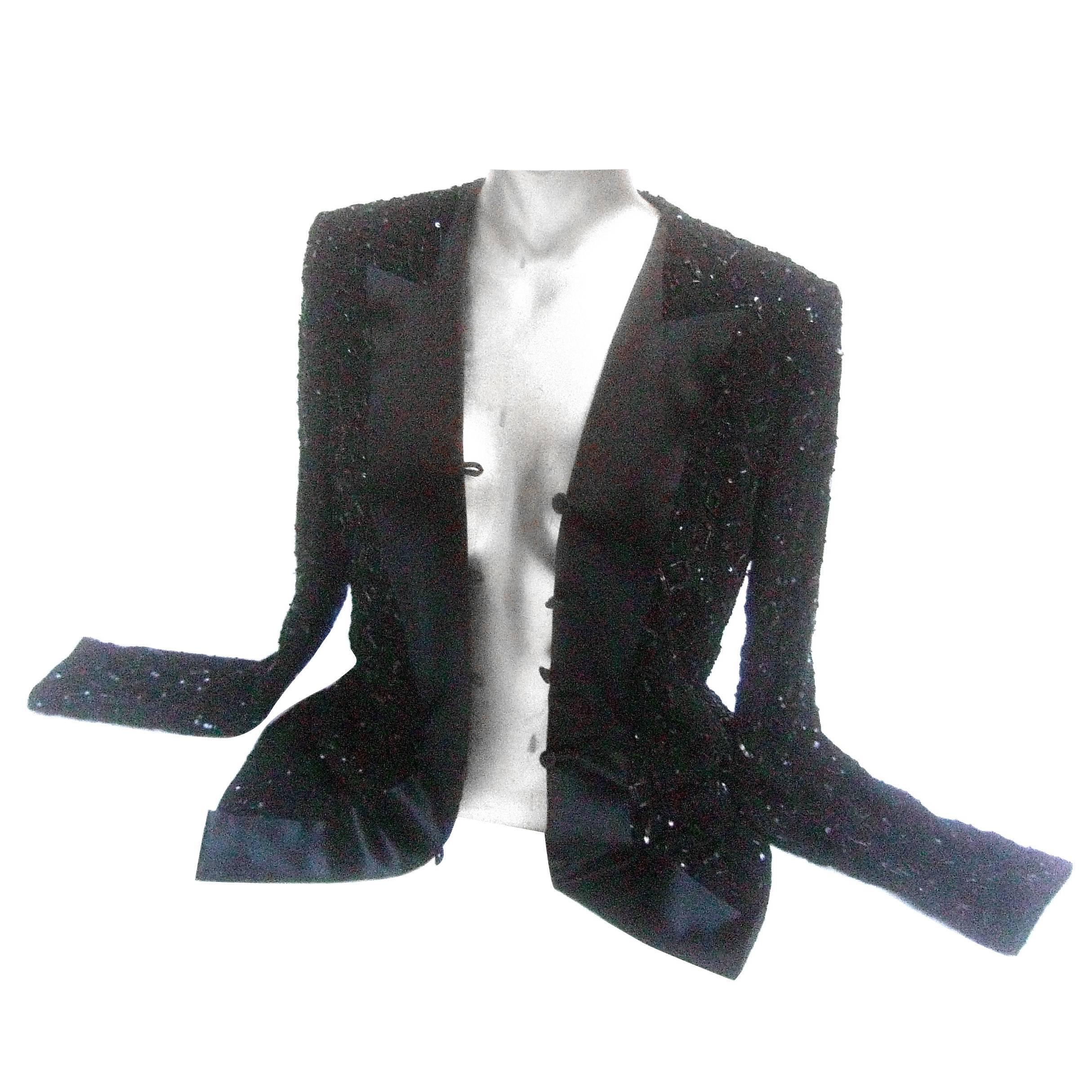 Mirella Cavorso Italian Black Silk Beaded Tuxedo Style Evening Jacket For Sale