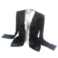 Retro Mirella Cavorso Italian Black Silk Beaded Tuxedo Style Evening Jacket 