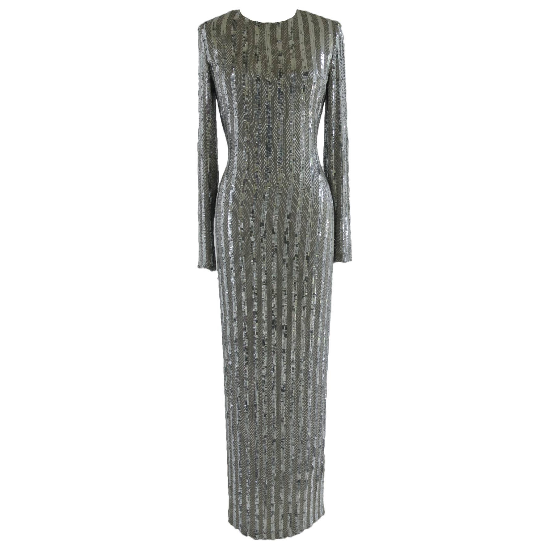 Lorry Newhouse Long Silver Sequin Dress For Sale