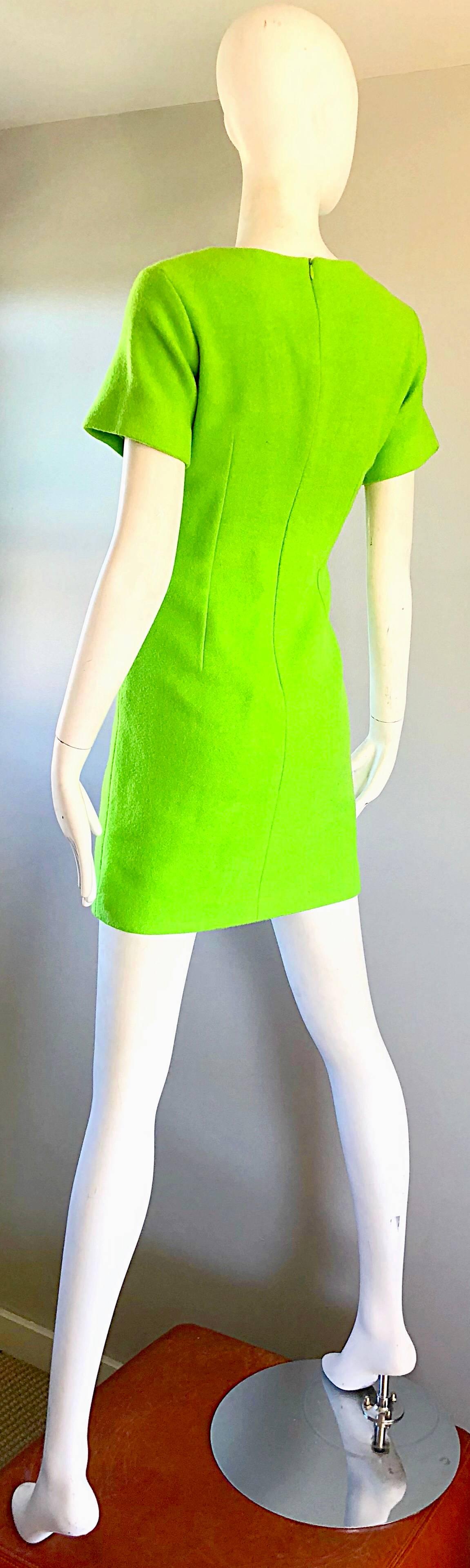 1990s Gianni Versace Neon Lime Green Bodycon Wool Vintage 90s Mini Dress For Sale 3
