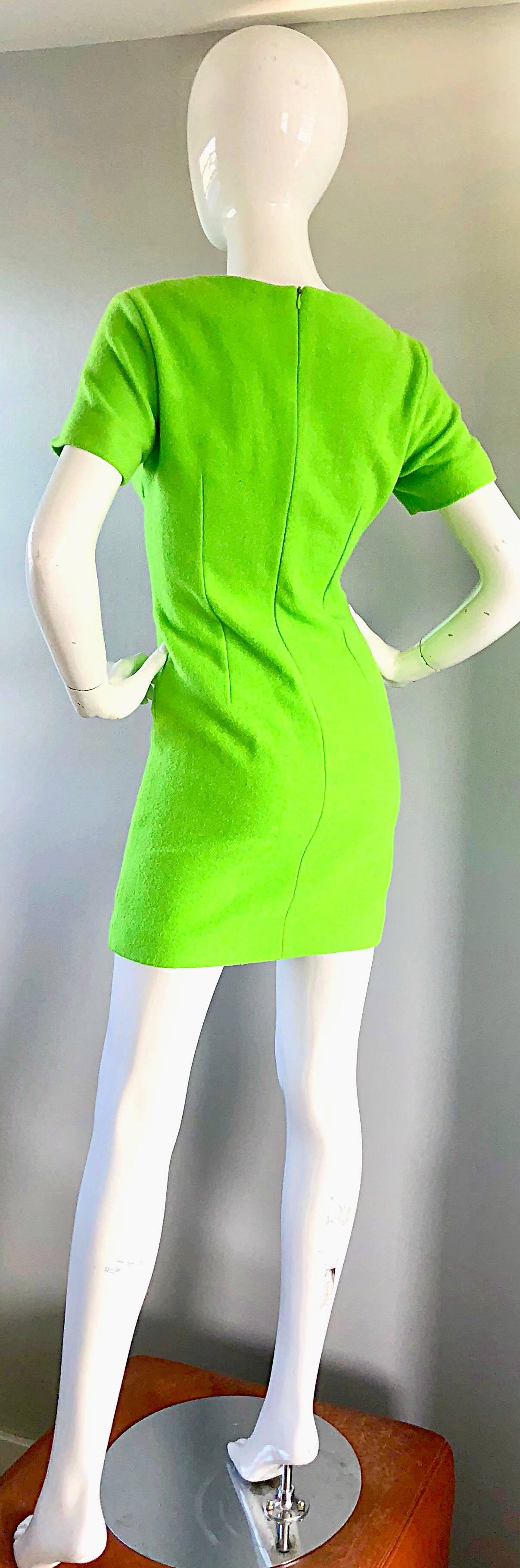 1990s Gianni Versace Neon Lime Green Bodycon Wool Vintage 90s Mini Dress For Sale 2