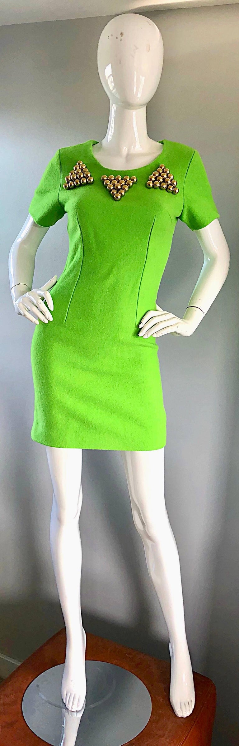 1990s Gianni Versace Neon Lime Green Bodycon Wool Vintage 90s Mini Dress  For Sale at 1stDibs | vintage versace green dress, 90s neon dress, versace  green mini dress