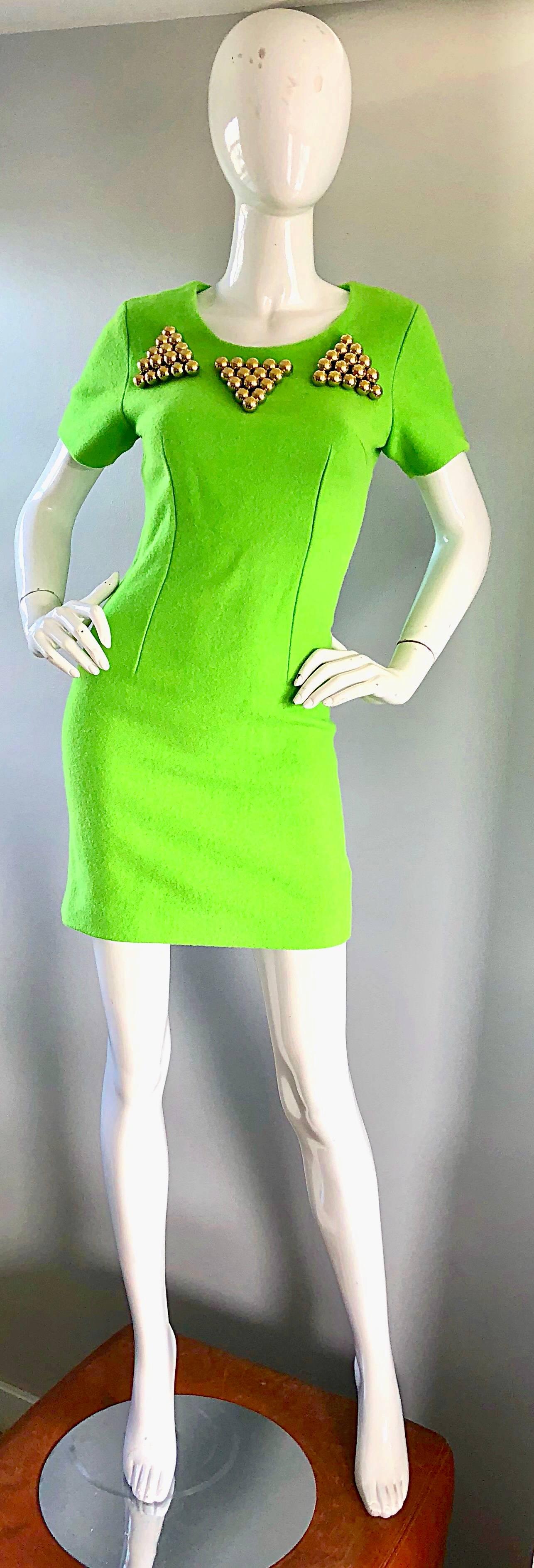 1990s Gianni Versace Neon Lime Green Bodycon Wool Vintage 90s Mini Dress In Excellent Condition For Sale In San Diego, CA