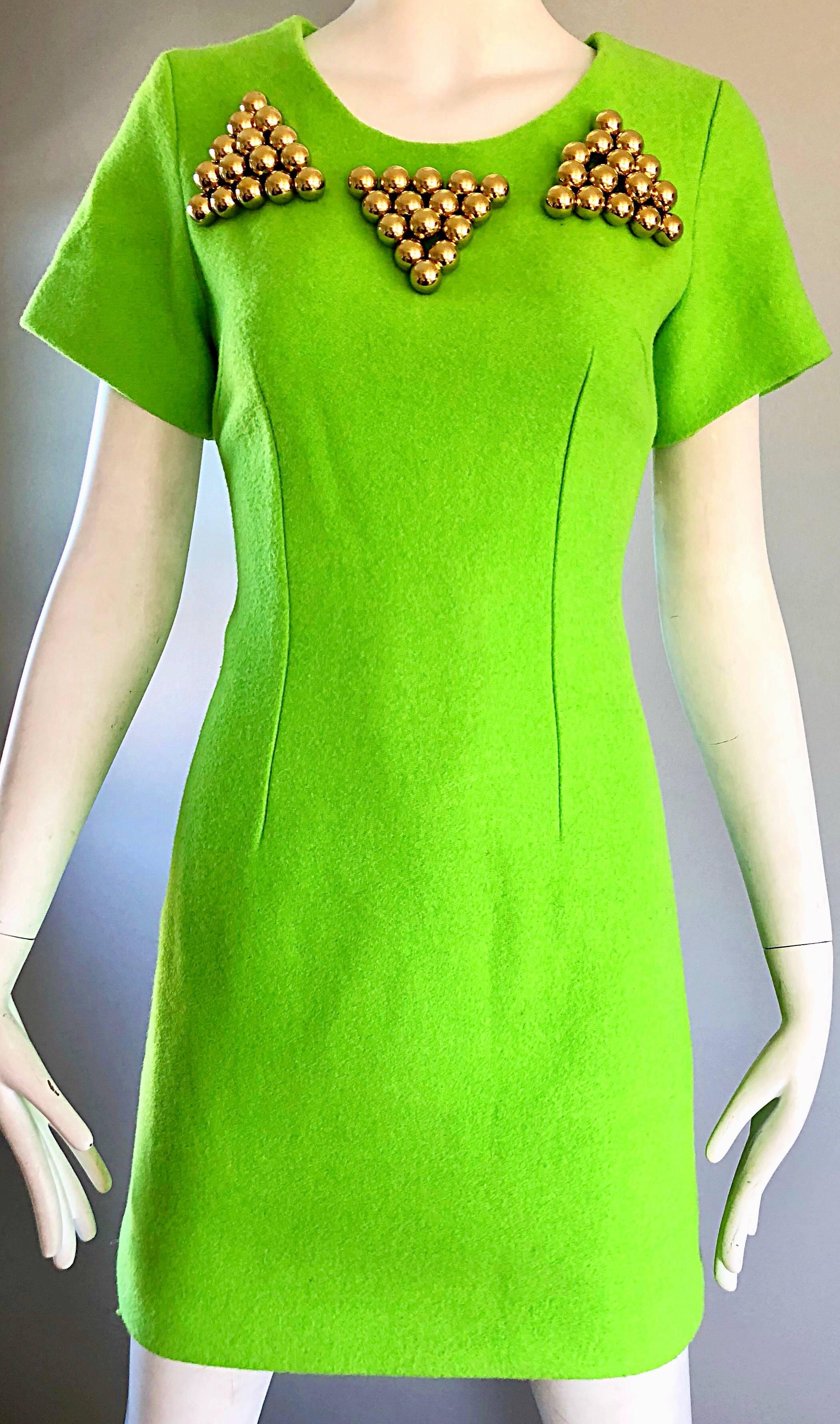 Vert Gianni Versace - Robe courte moulante vintage en laine vert citron fluo, années 1990 en vente
