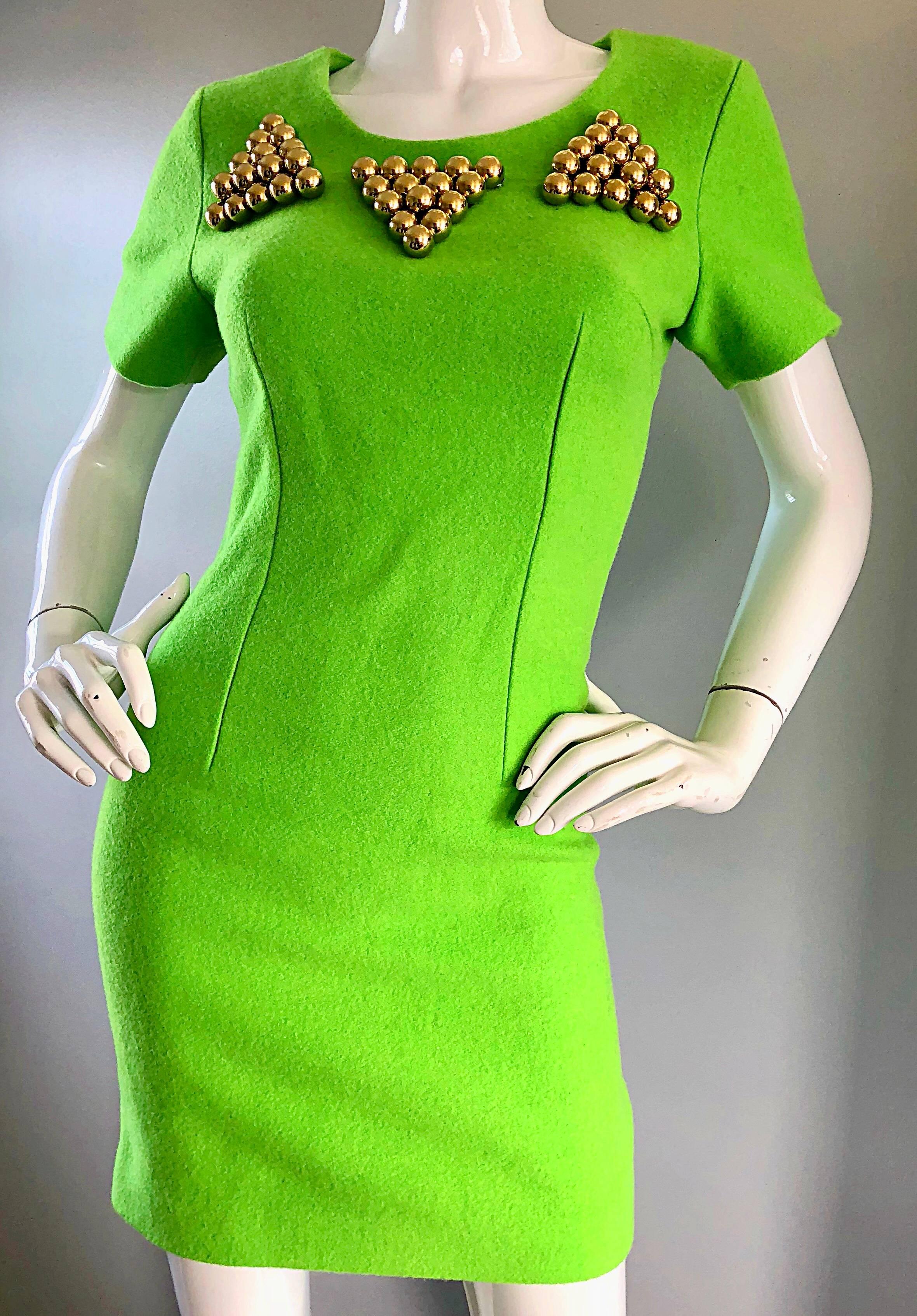 Women's 1990s Gianni Versace Neon Lime Green Bodycon Wool Vintage 90s Mini Dress For Sale