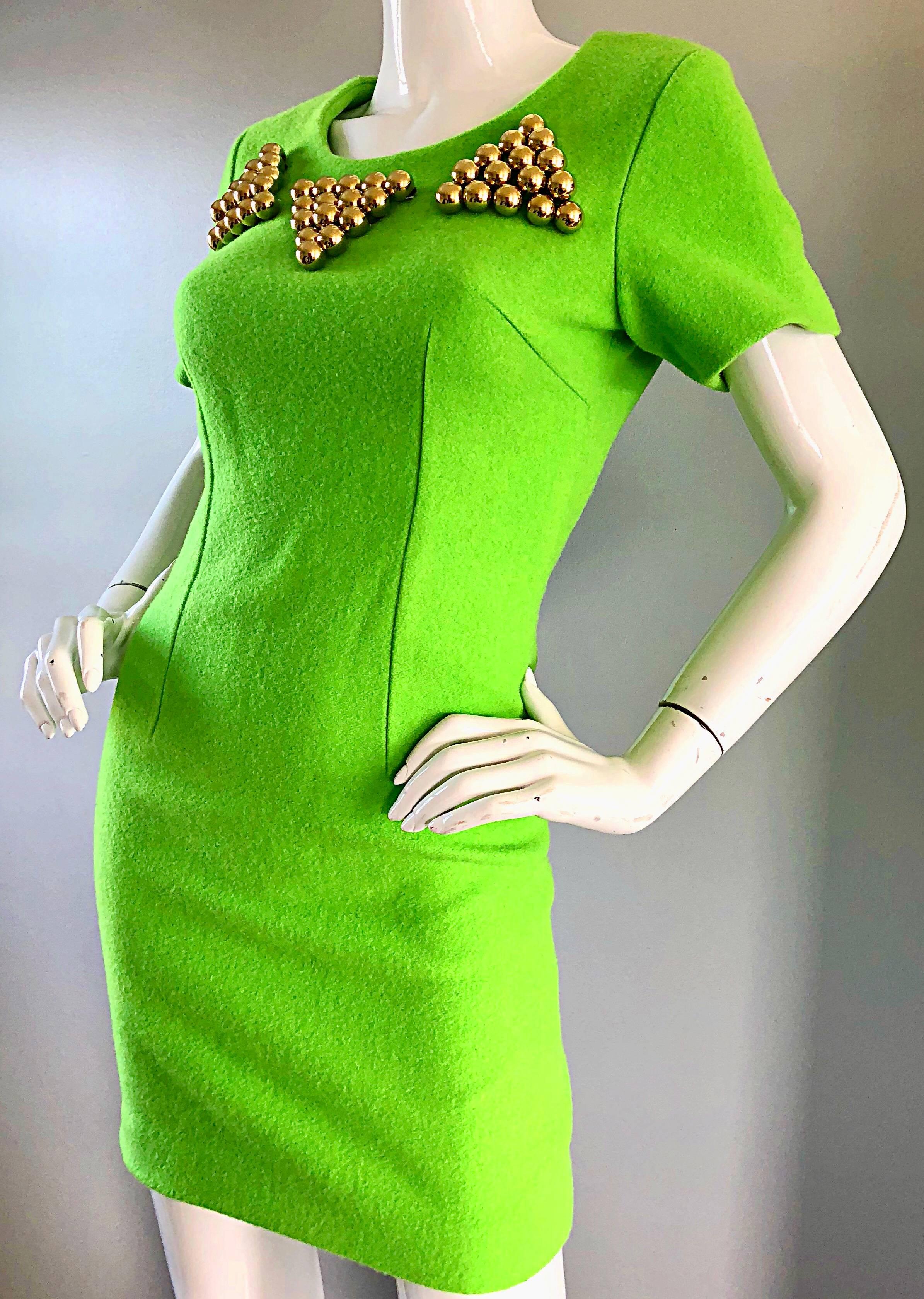 1990s Gianni Versace Neon Lime Green Bodycon Wool Vintage 90s Mini Dress For Sale 1