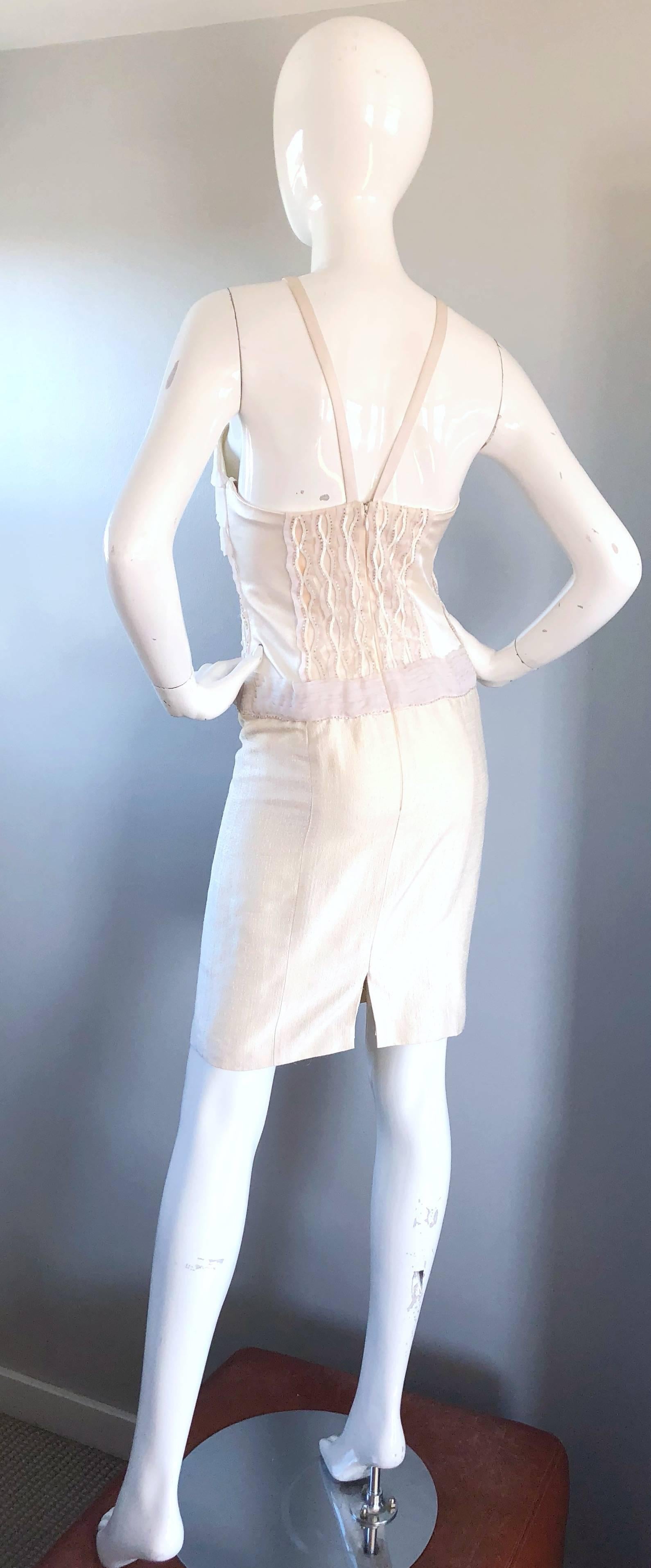 Gustavo Cadile Early 2000s Off - White Ivory Silk Beaded Ruffle Cocktail Dress 5