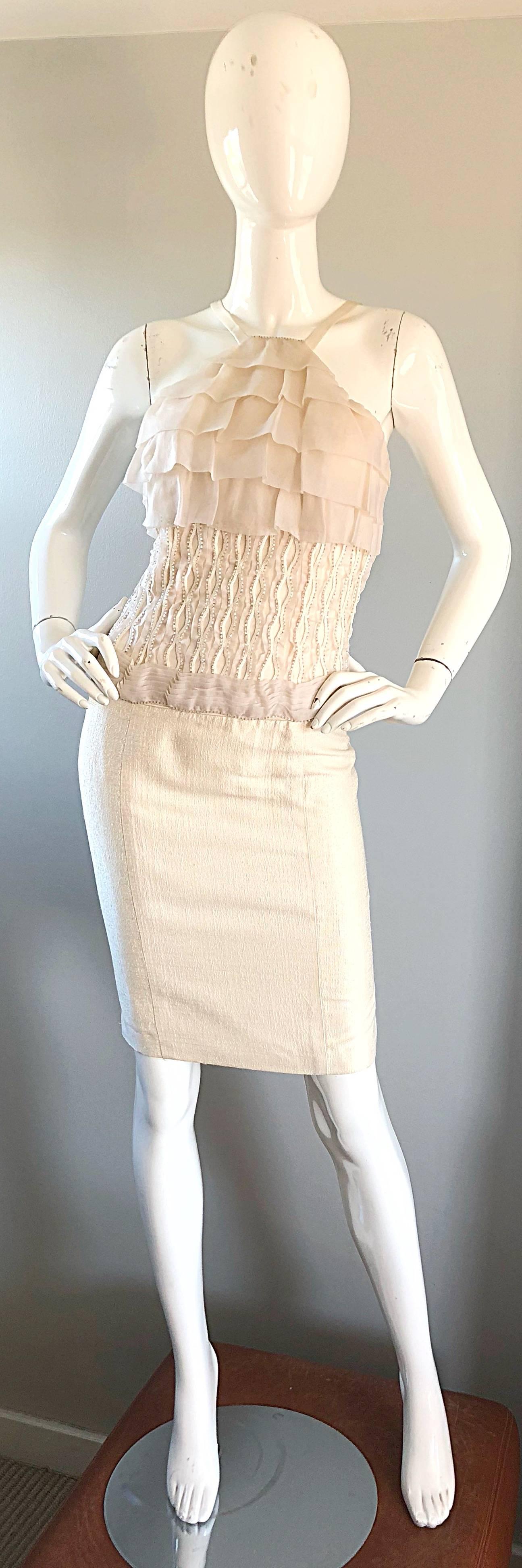 Gustavo Cadile Early 2000s Off - White Ivory Silk Beaded Ruffle Cocktail Dress In Excellent Condition In San Diego, CA