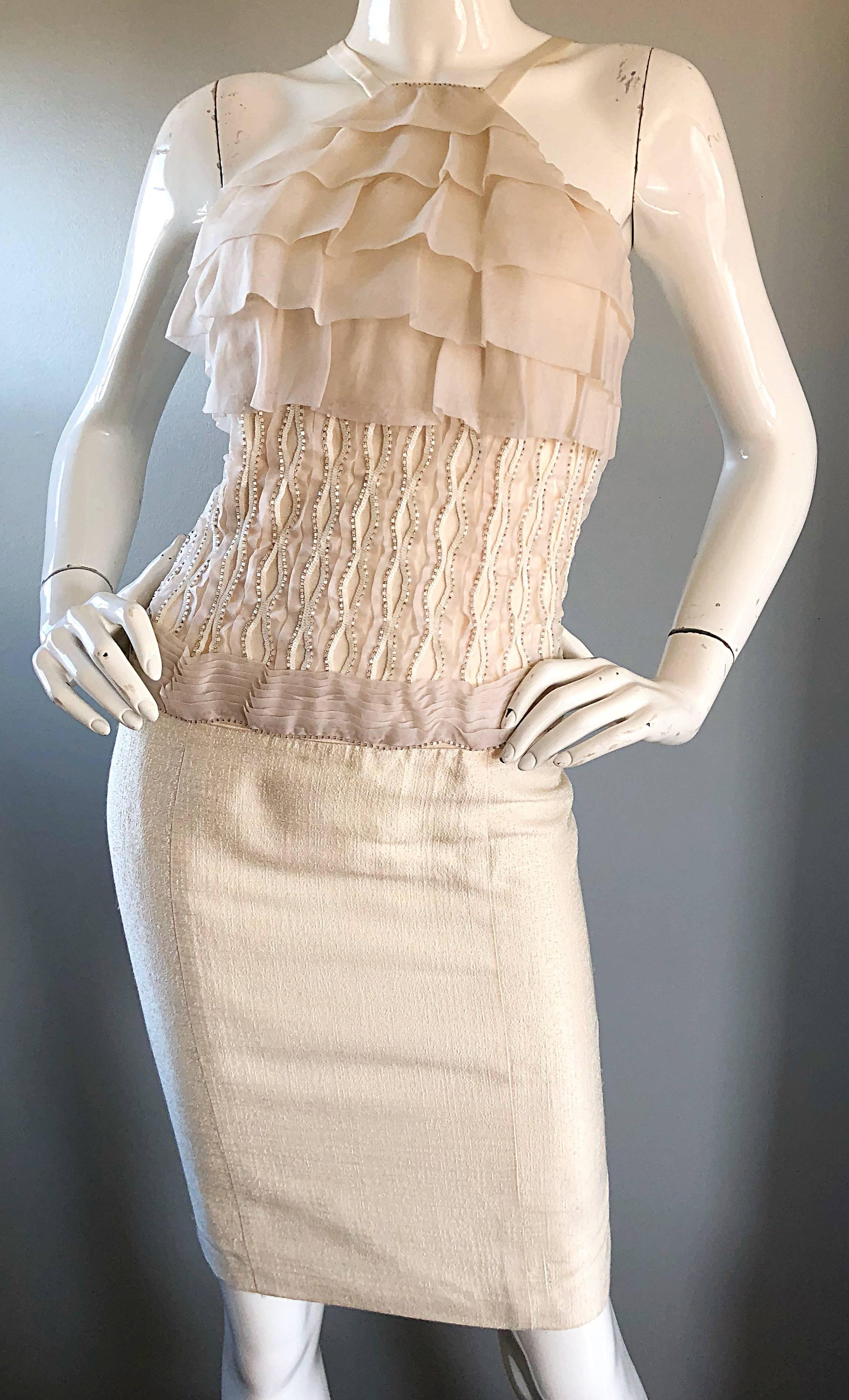Women's Gustavo Cadile Early 2000s Off - White Ivory Silk Beaded Ruffle Cocktail Dress