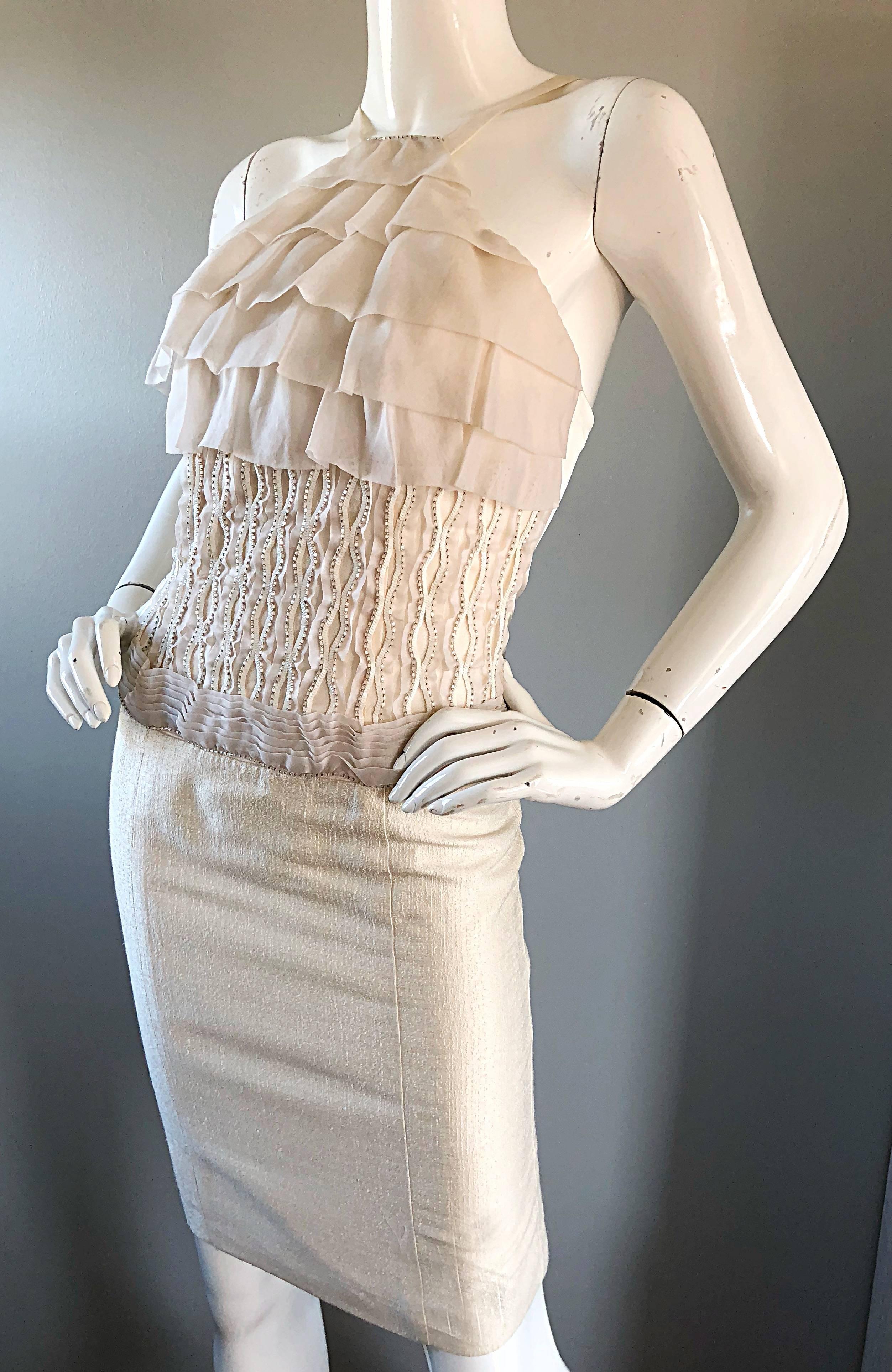 Gustavo Cadile Early 2000s Off - White Ivory Silk Beaded Ruffle Cocktail Dress 2