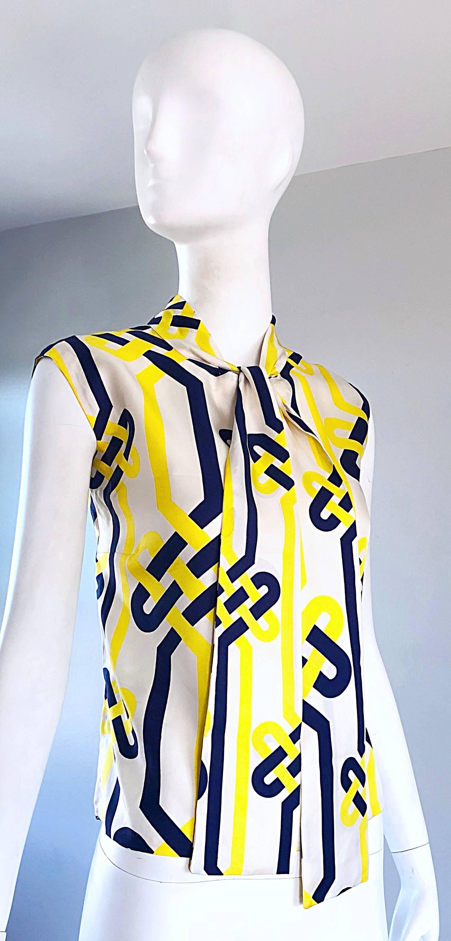 1960s Lanvin Couture Blue Yellow and White Vintage 60s Nautical Silk Blouse 3