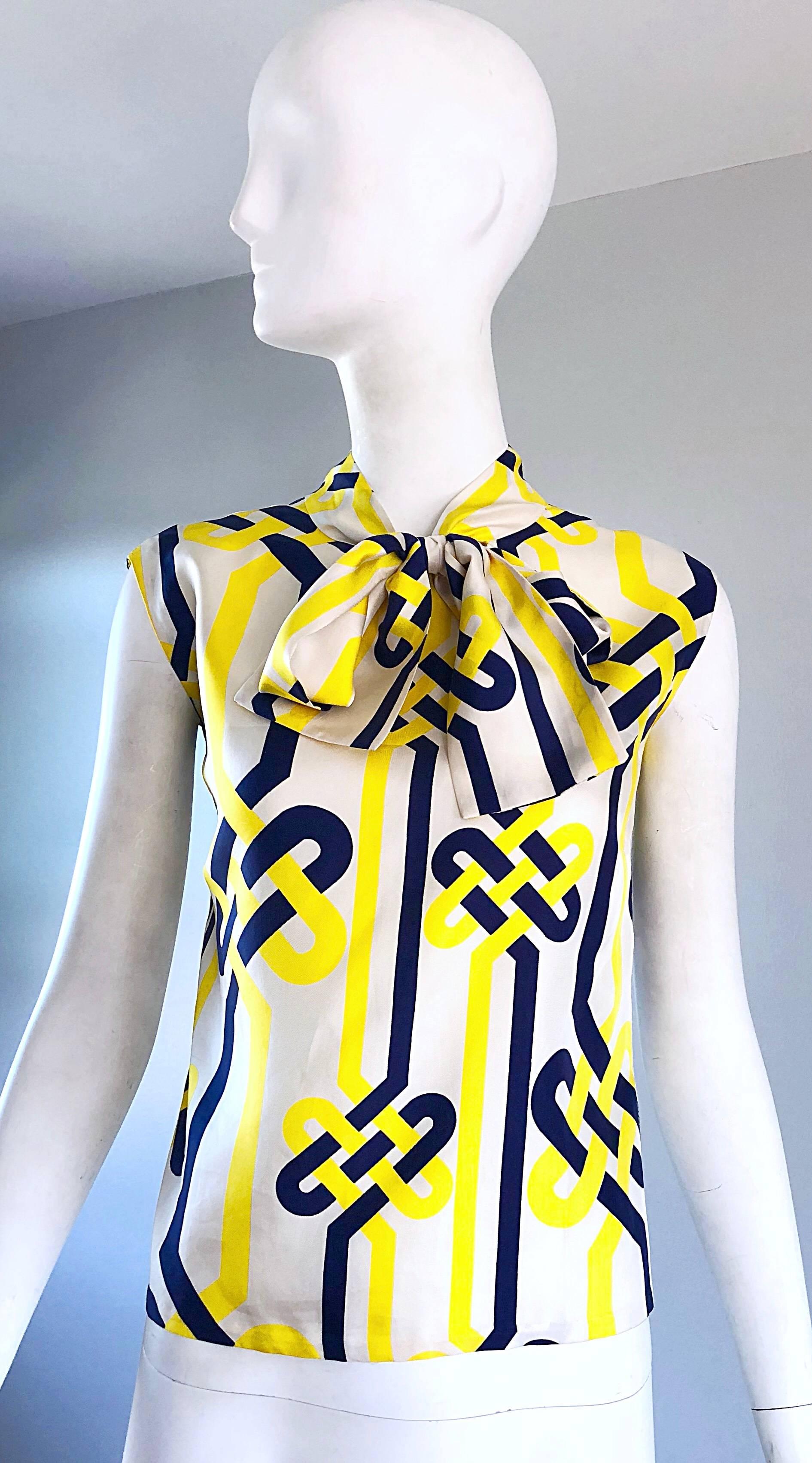 1960s Lanvin Couture Blue Yellow and White Vintage 60s Nautical Silk Blouse 1