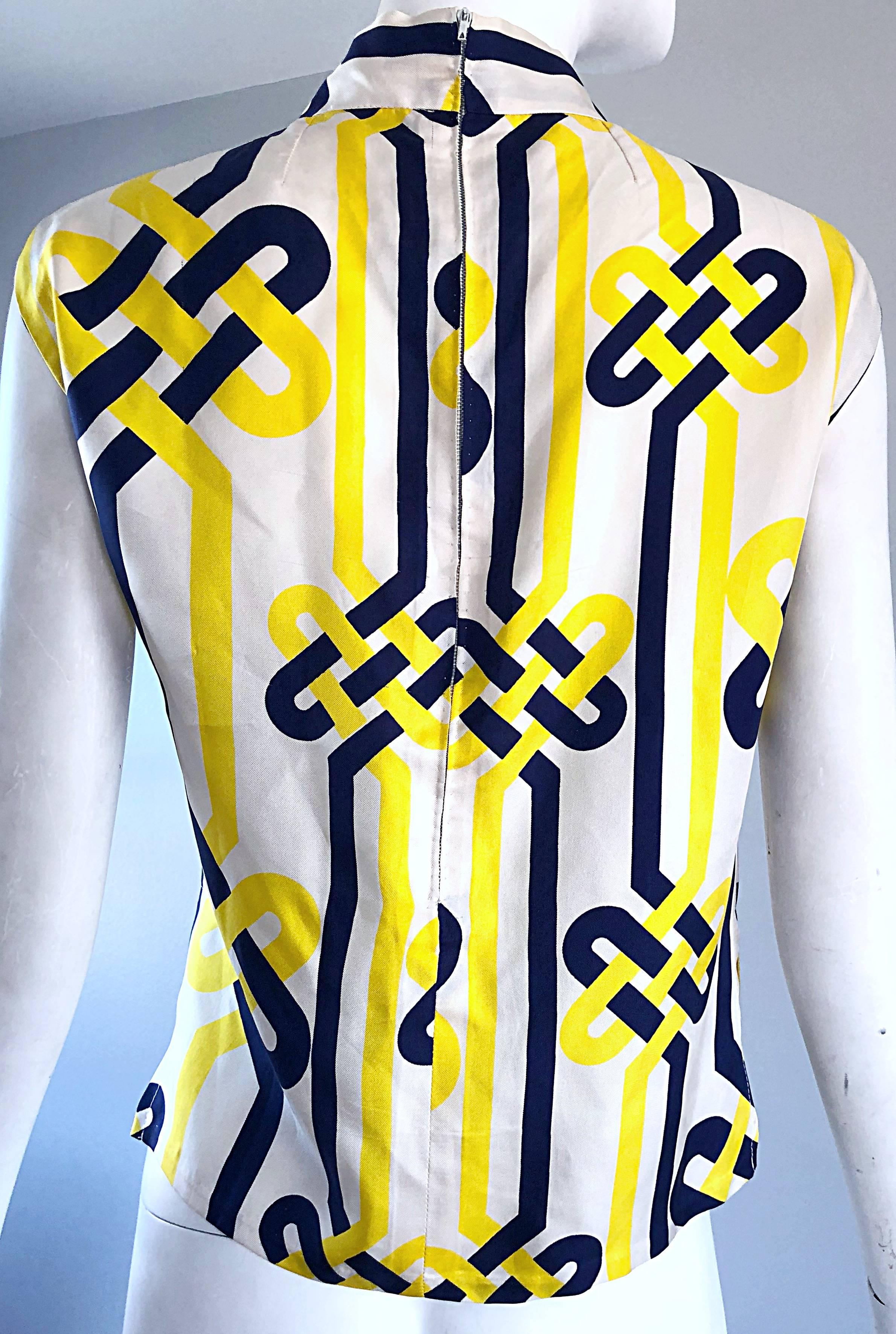 1960s Lanvin Couture Blue Yellow and White Vintage 60s Nautical Silk Blouse 5