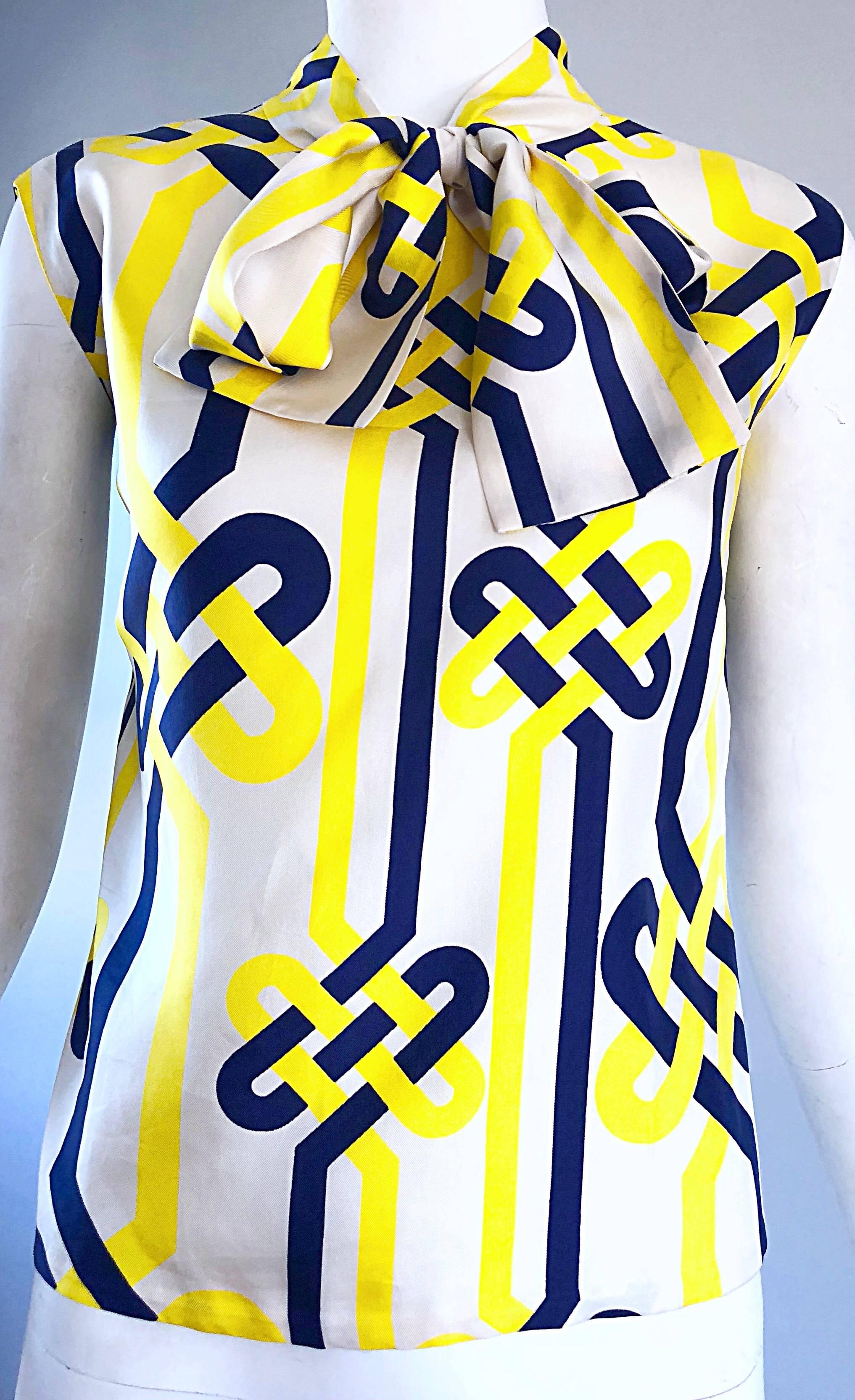 1960s Lanvin Couture Blue Yellow and White Vintage 60s Nautical Silk Blouse 2
