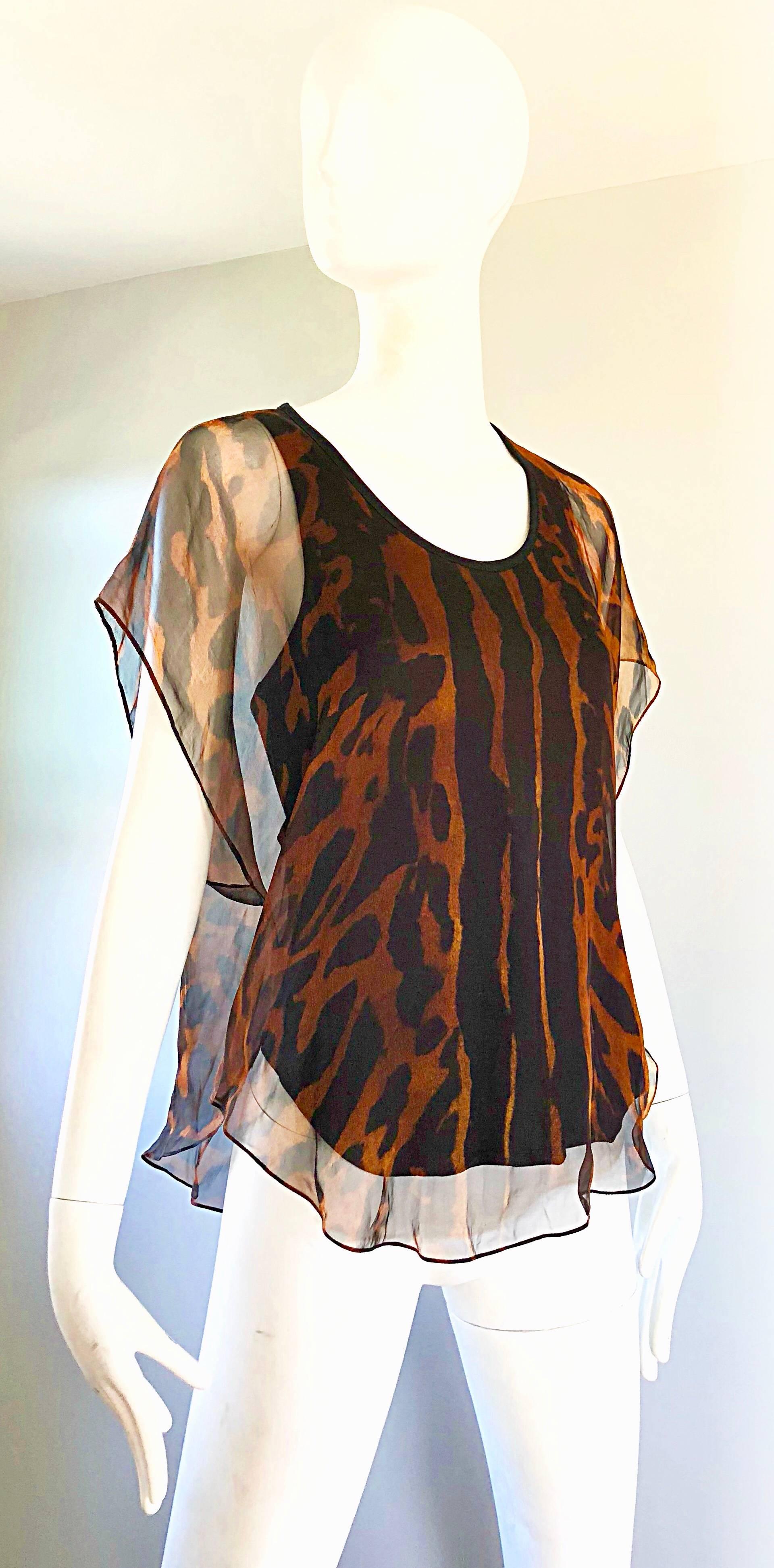Black Alexander McQueen Early 2000s Leopard Cheetah Print Silk Chiffon Top / Blouse For Sale