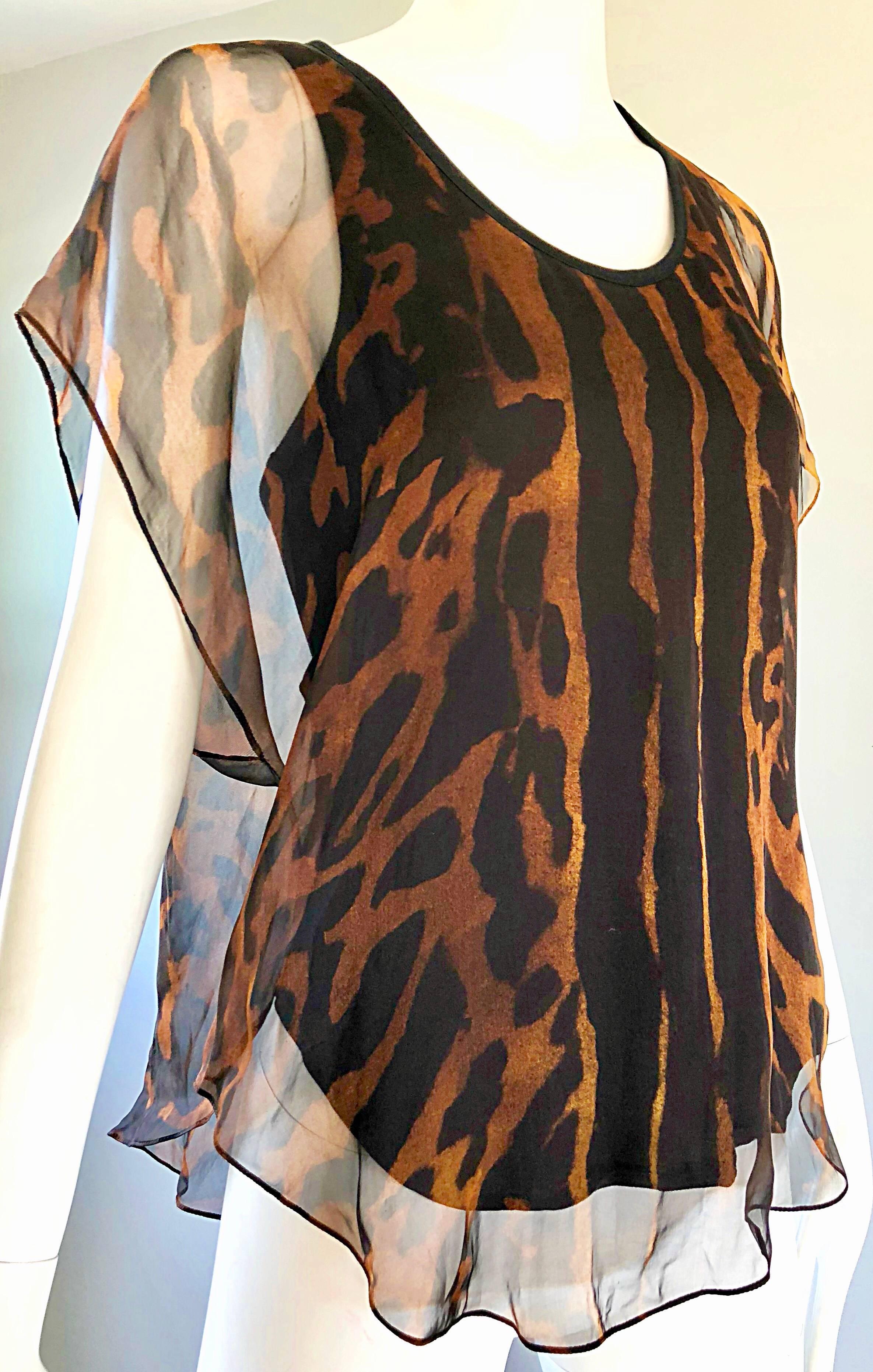 Alexander McQueen Early 2000s Leopard Cheetah Print Silk Chiffon Top / Blouse In Excellent Condition For Sale In San Diego, CA