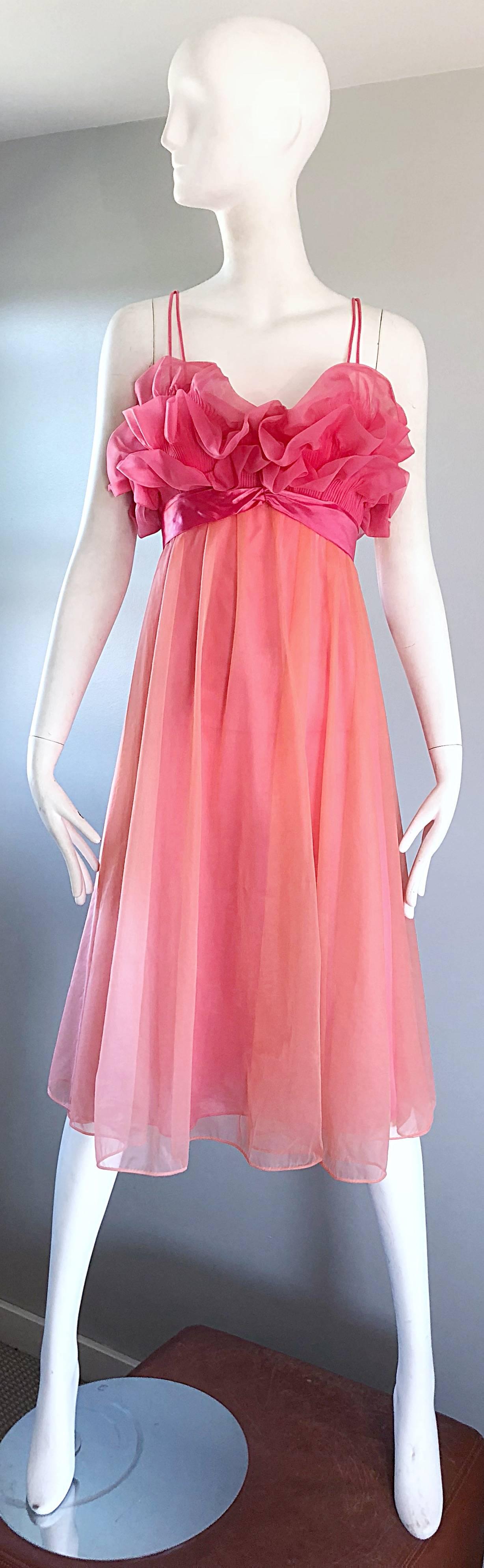 1960s Vanity Fair Negligee Peignoir Hot Pink Ruffled Nightgown Dress 3
