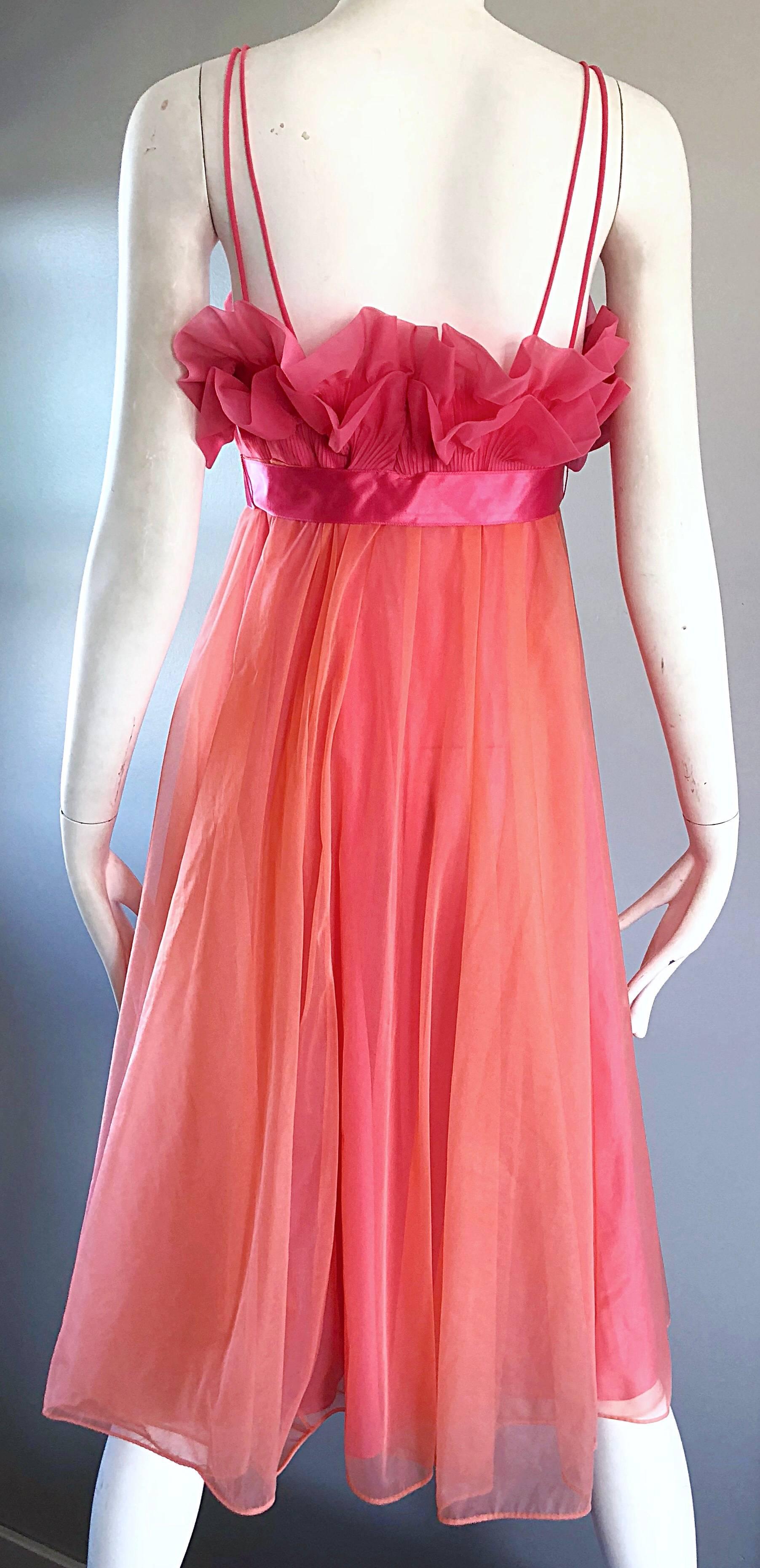 1960s Vanity Fair Negligee Peignoir Hot Pink Ruffled Nightgown Dress 2