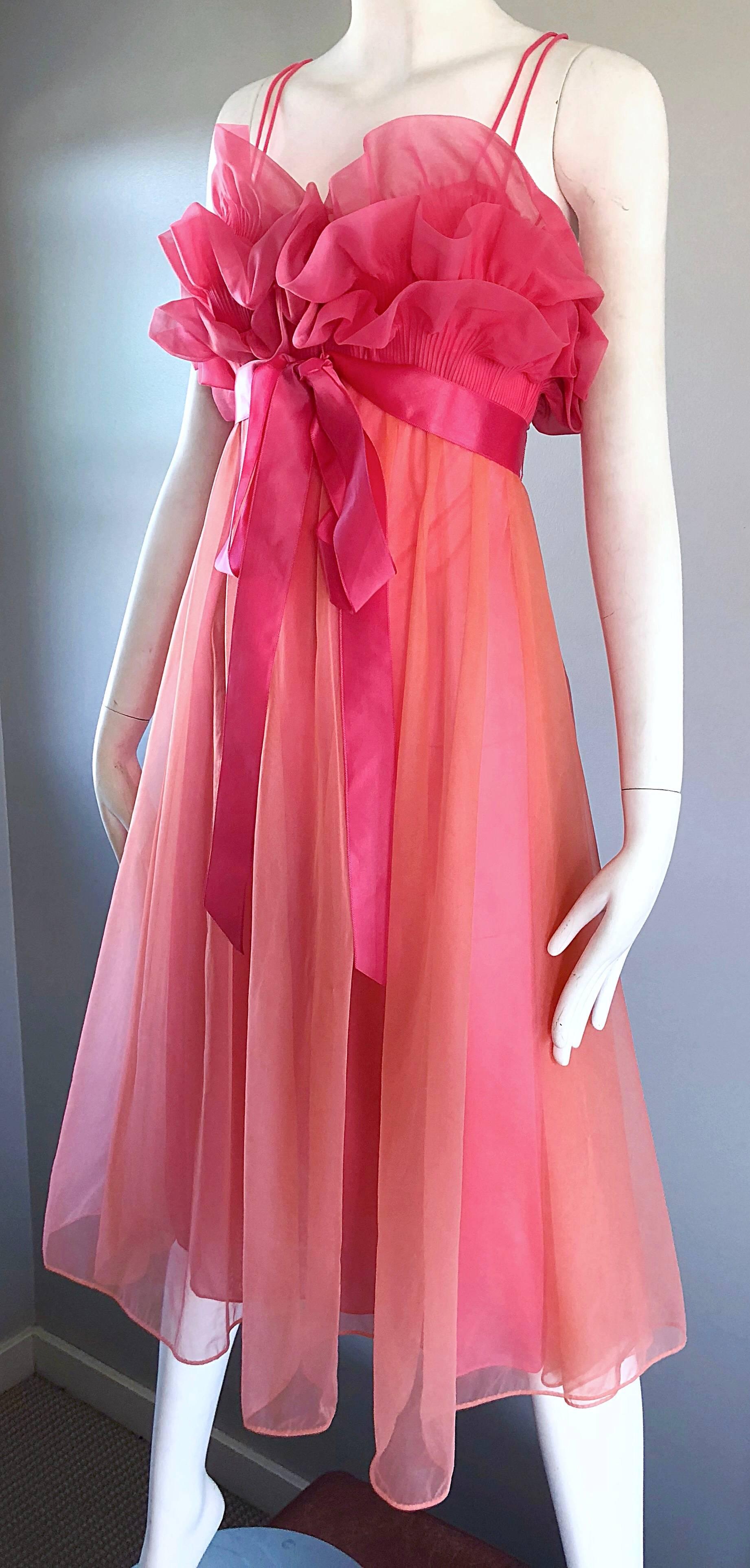 1960s Vanity Fair Negligee Peignoir Hot Pink Ruffled Nightgown Dress In Excellent Condition In San Diego, CA