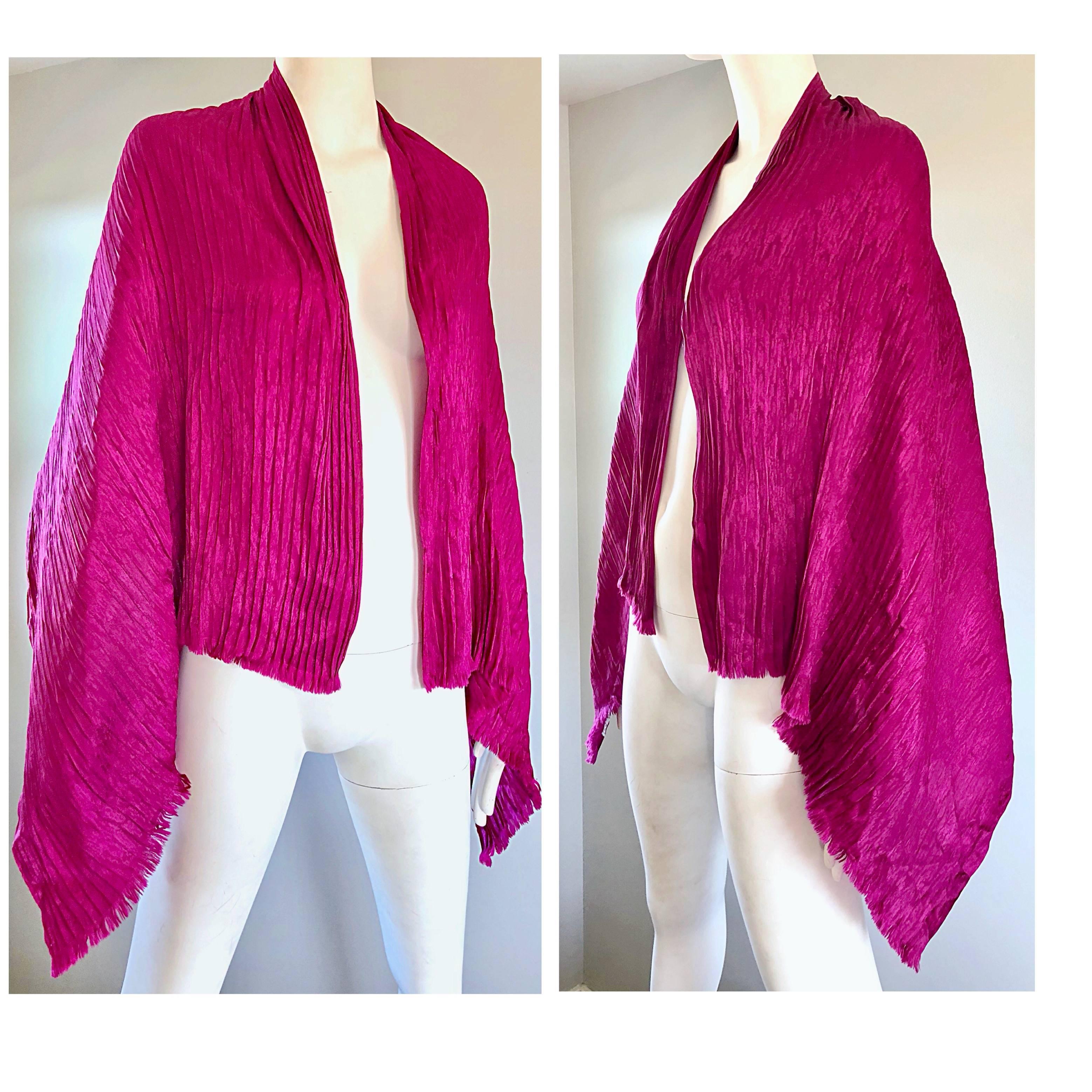 Yves Saint Laurent YSL Vintage Fuschia Hot Pink Silk Plisse 70s Shawl 4