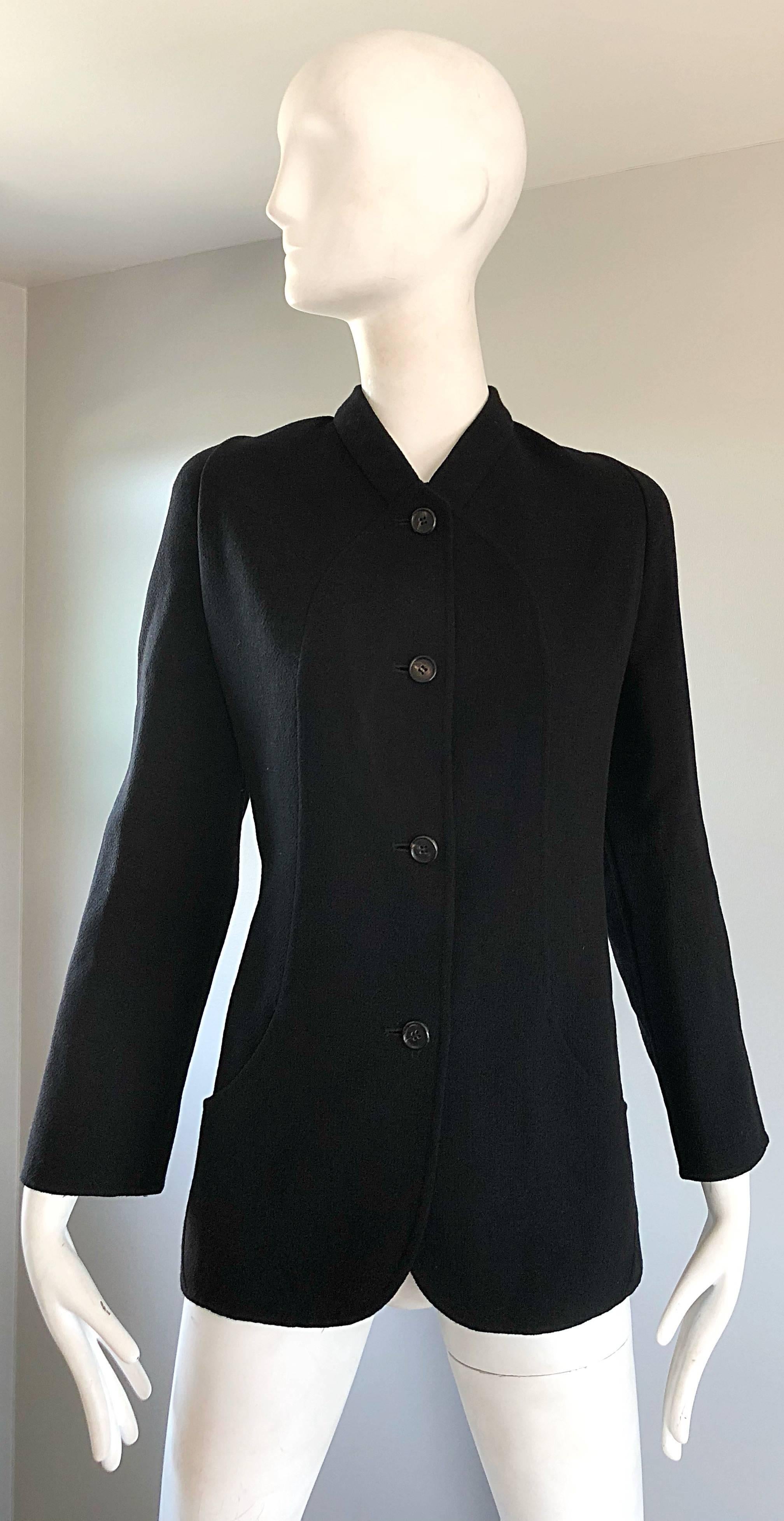Donna Bill Blass Vintage Taglia 14 Giacca Blazer Chic in Lana Vergine Nera in vendita