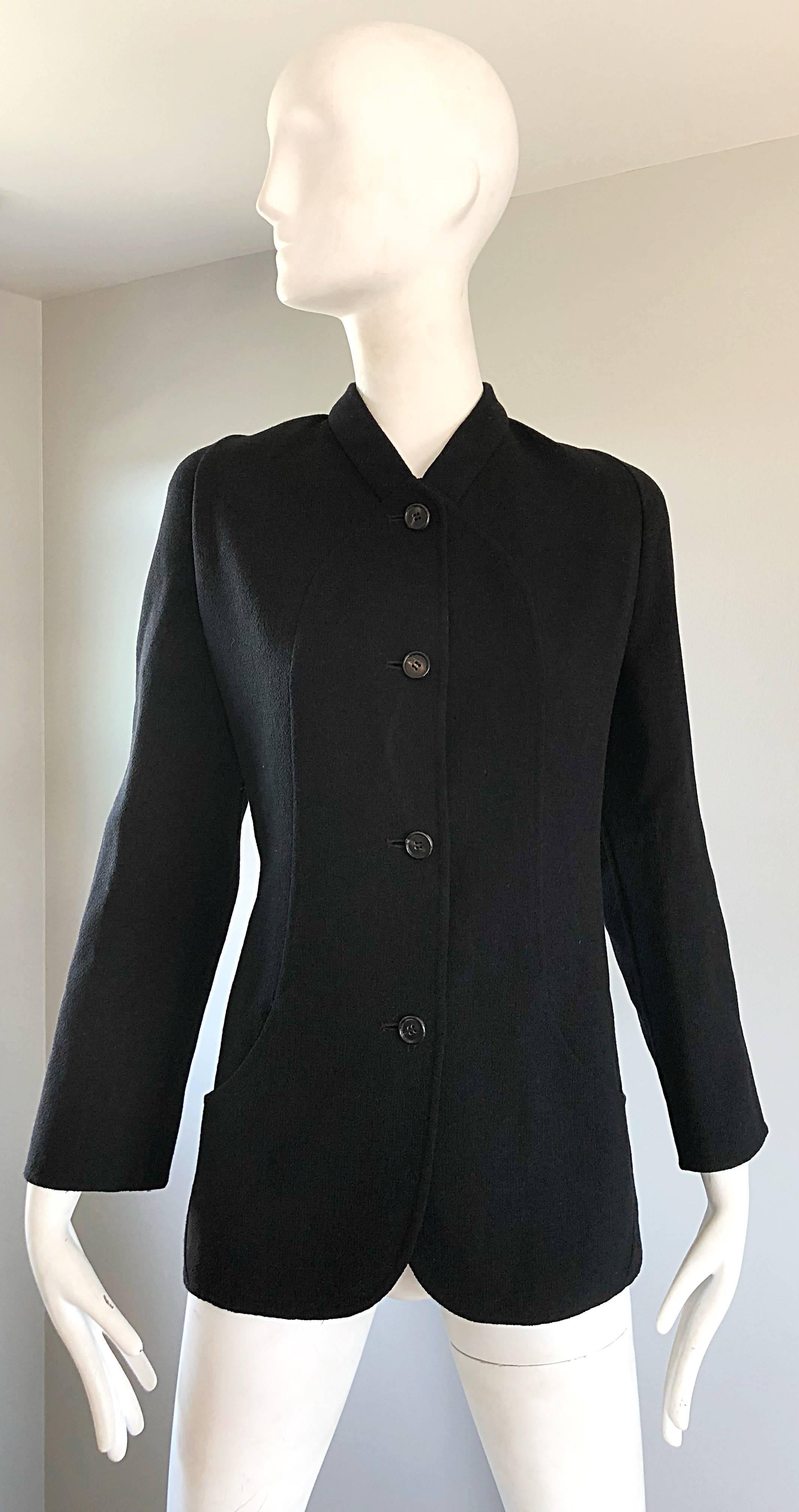 Nero Bill Blass Vintage Taglia 14 Giacca Blazer Chic in Lana Vergine Nera in vendita