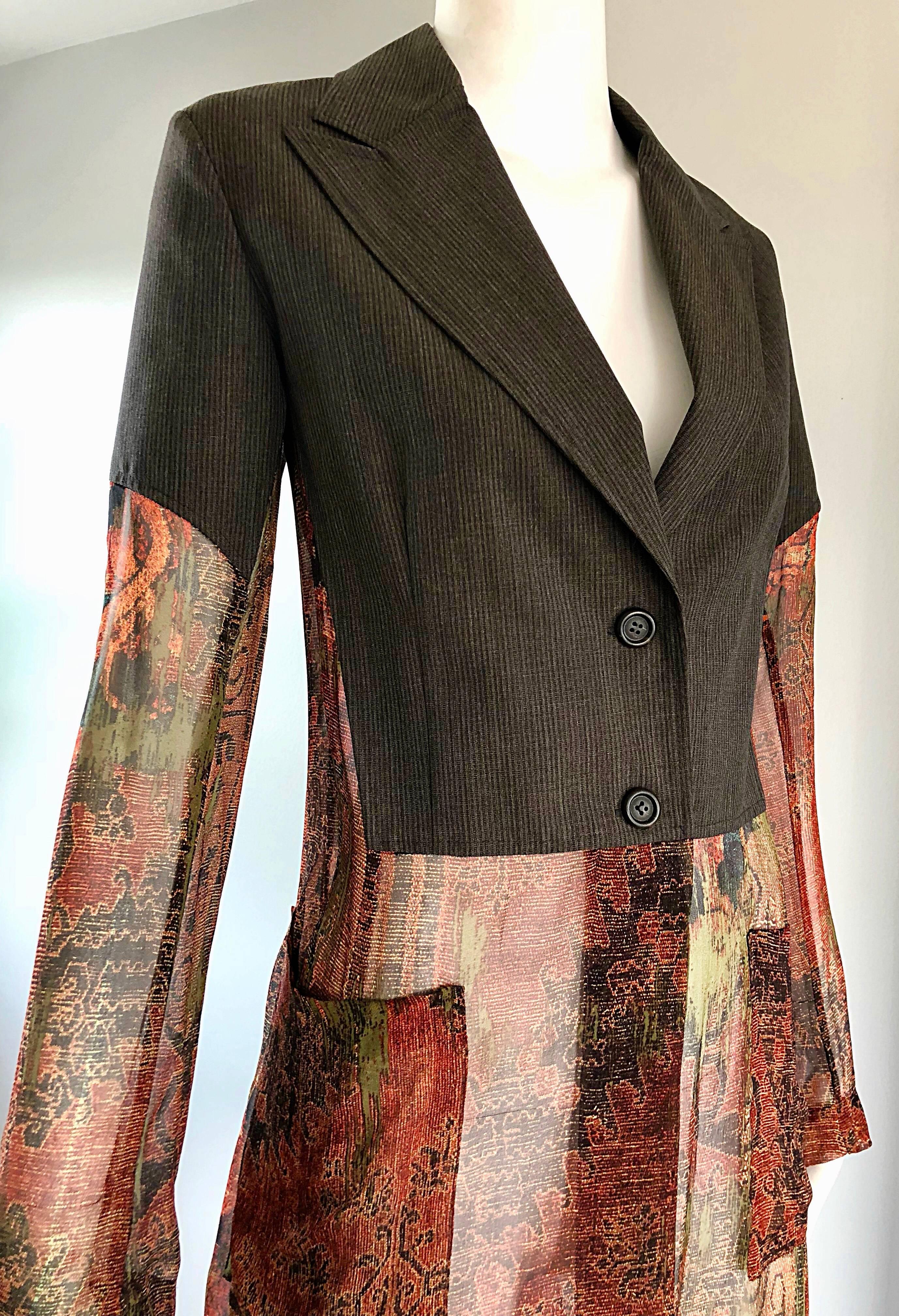 1990s Dries Van Noten Tribal Print Silk and Chiffon Avant Garde Trench Jacket For Sale 2