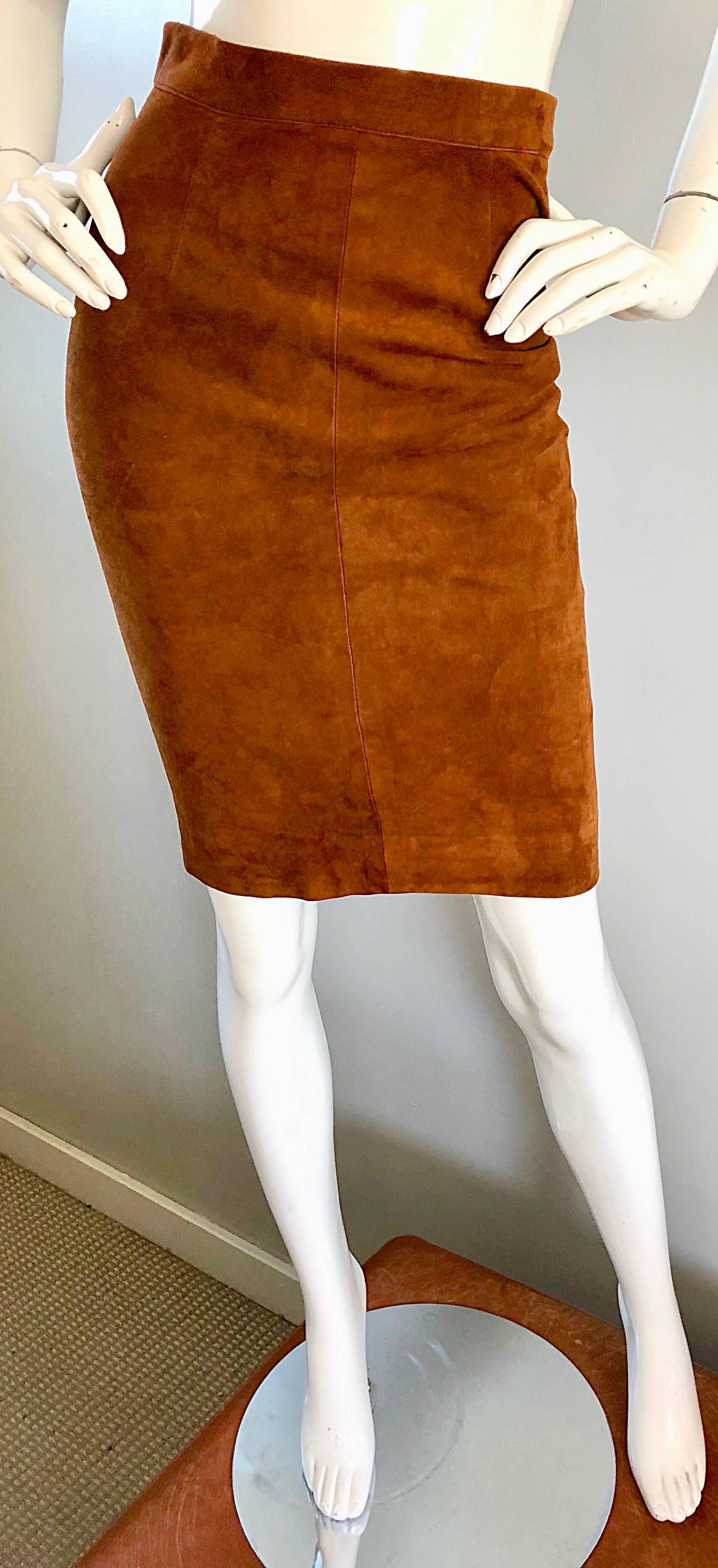 Women's 1990s Ralph Lauren Purple Label Size 4 Suede Leather High Waisted Pencil Skirt