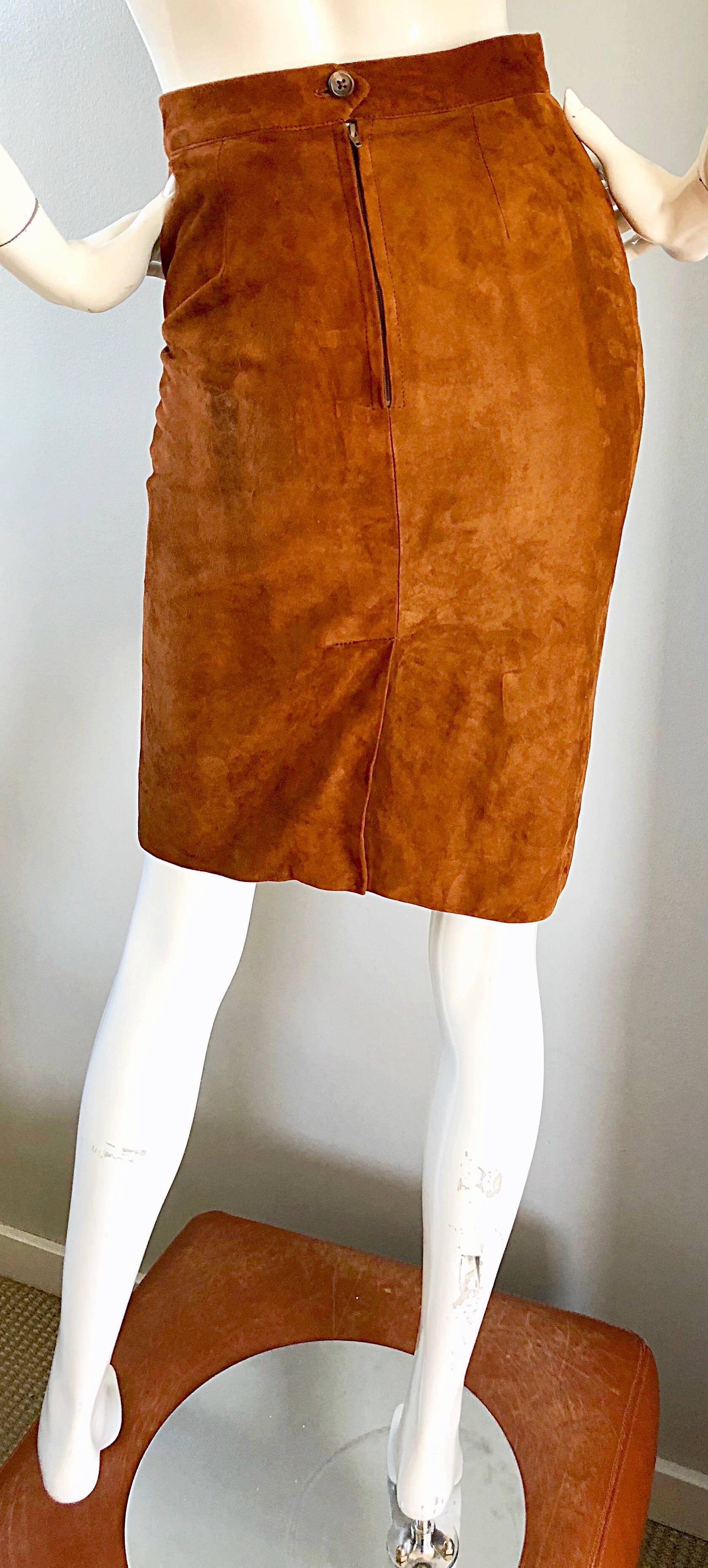 1990s Ralph Lauren Purple Label Size 4 Suede Leather High Waisted Pencil Skirt 4