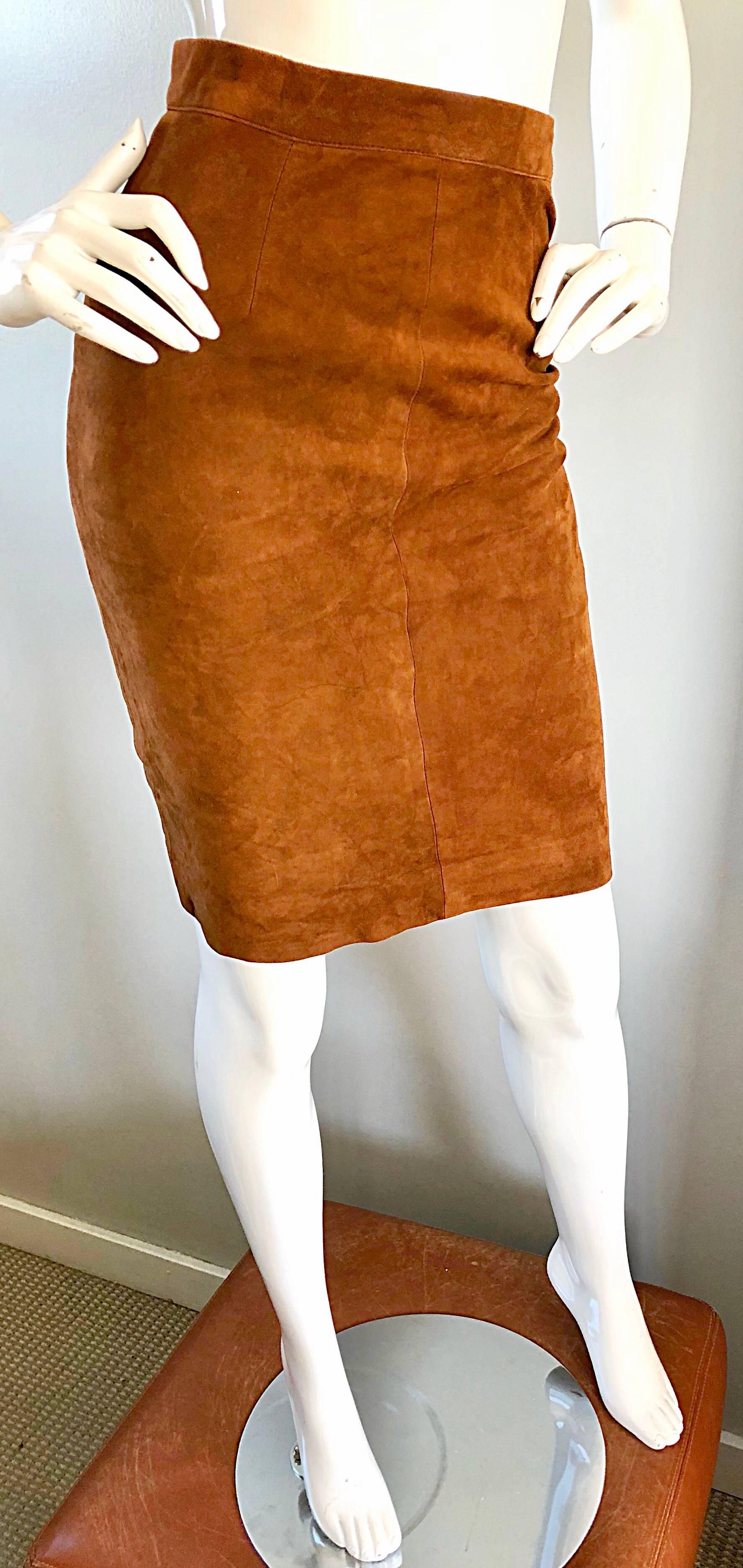 1990s Ralph Lauren Purple Label Size 4 Suede Leather High Waisted Pencil Skirt 3