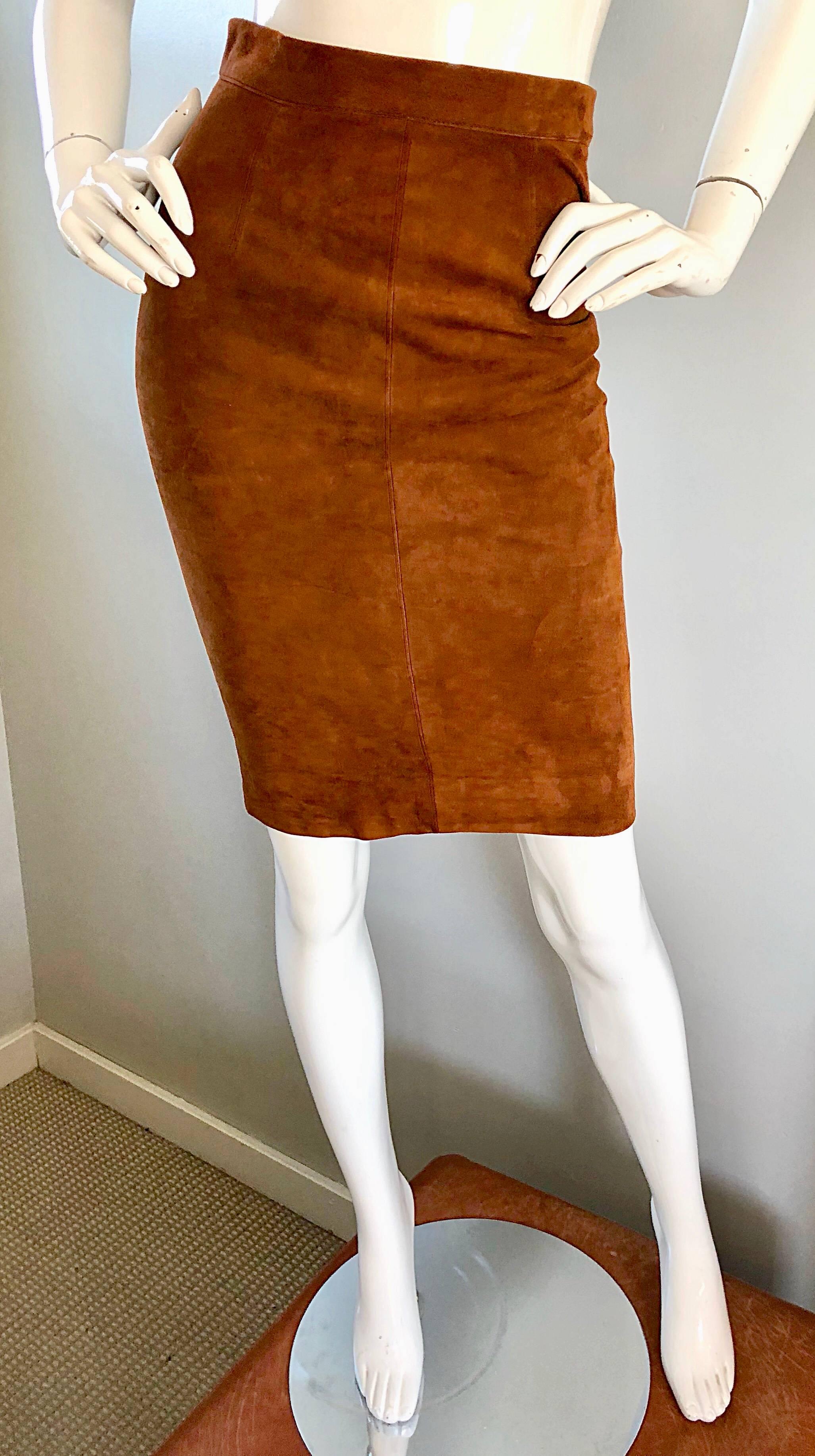 1990s Ralph Lauren Purple Label Size 4 Suede Leather High Waisted Pencil Skirt In Excellent Condition In San Diego, CA