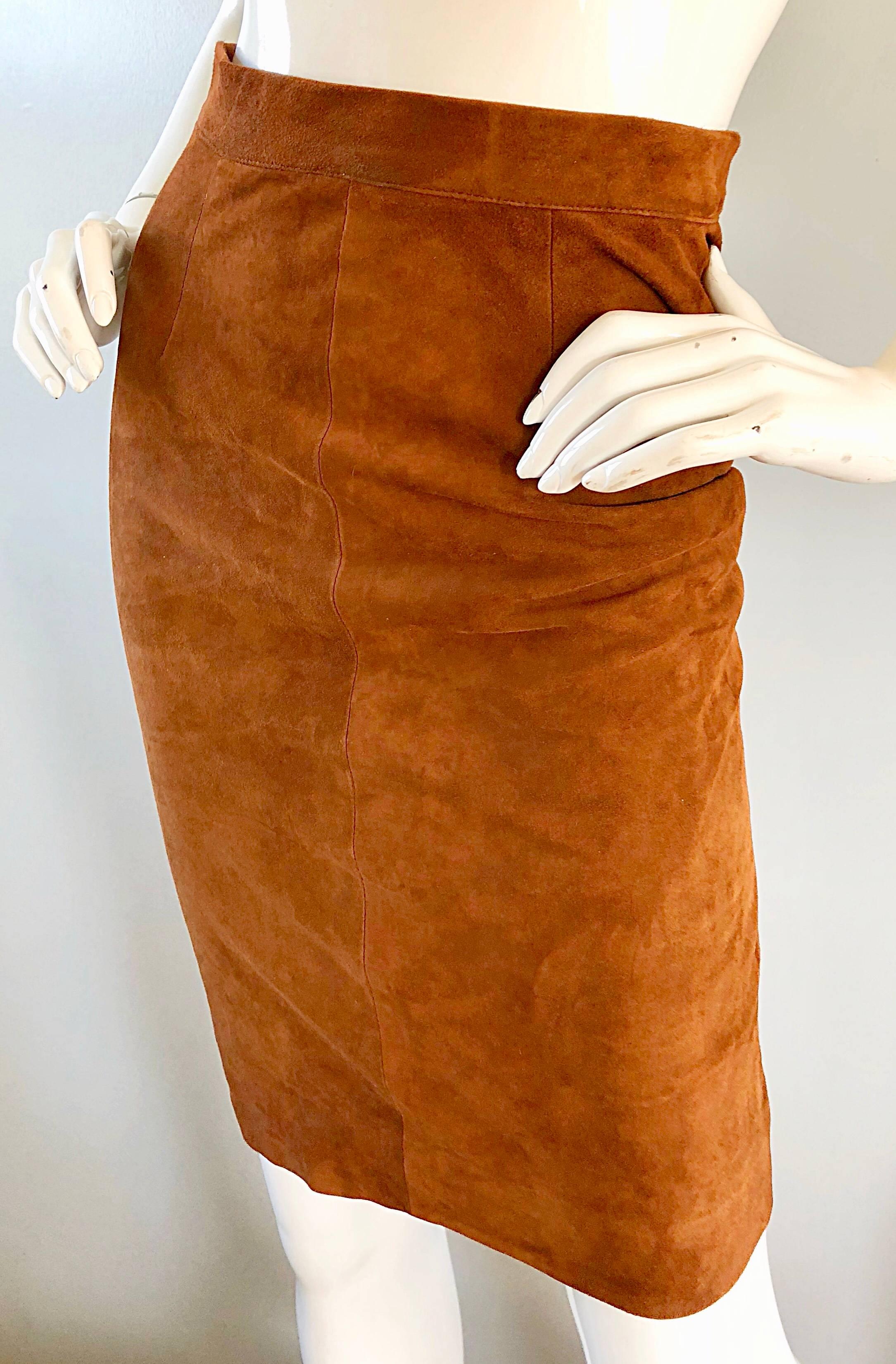 1990s Ralph Lauren Purple Label Size 4 Suede Leather High Waisted Pencil Skirt 2