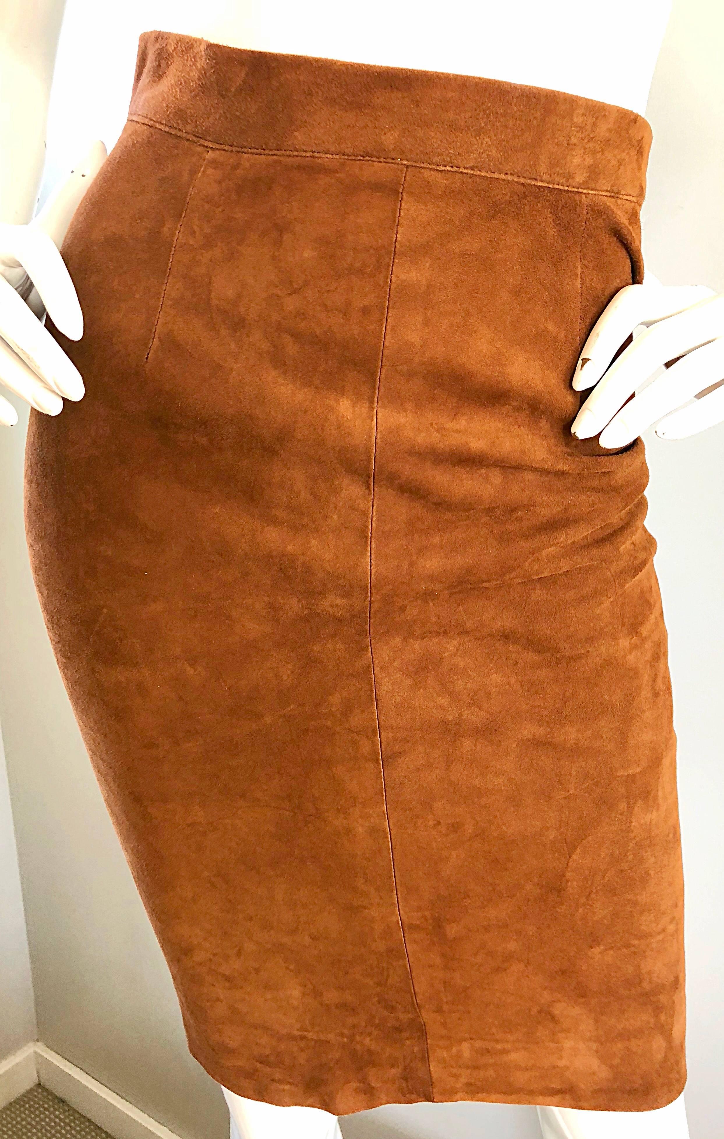 1990s Ralph Lauren Purple Label Size 4 Suede Leather High Waisted Pencil Skirt 1