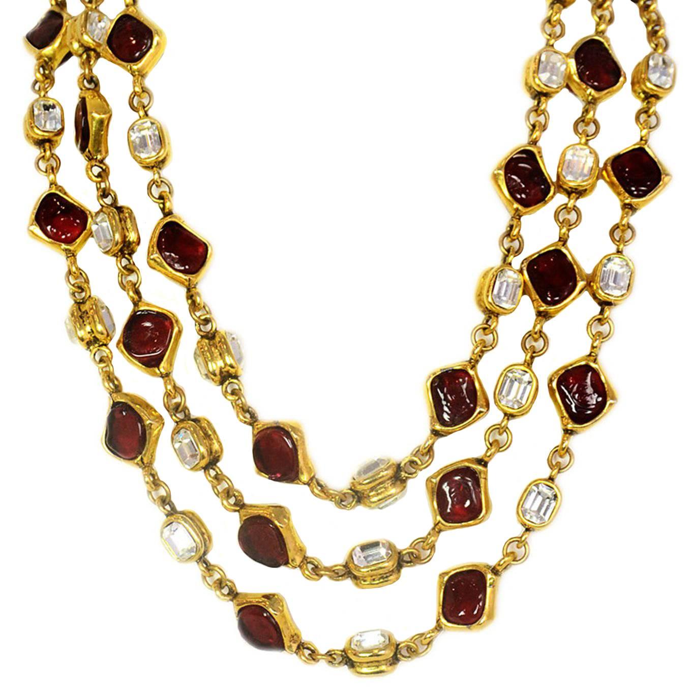 Chanel Vintage '80s Three Strand Red Gripoix & Strass Crystal Necklace