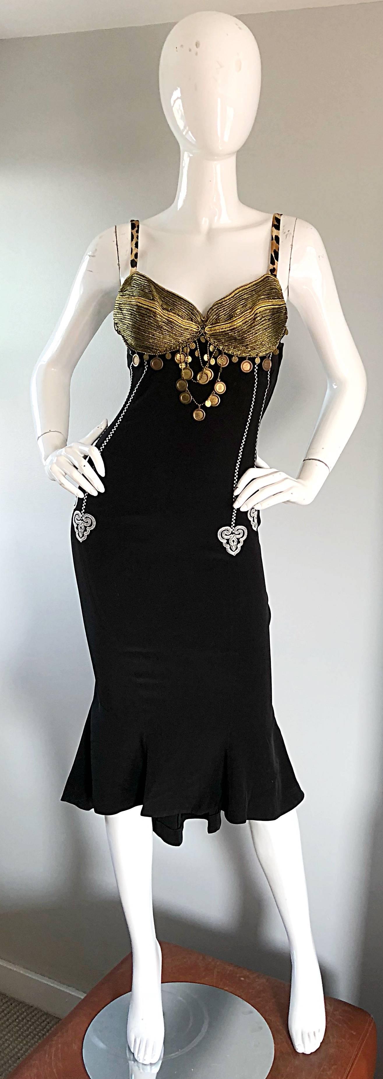 Años 80 Rifat Ozbek Sz 8 Negro Blanco Leopardo Moneda Adornado Vestido Sirena en Excelente estado para la venta en San Diego, CA