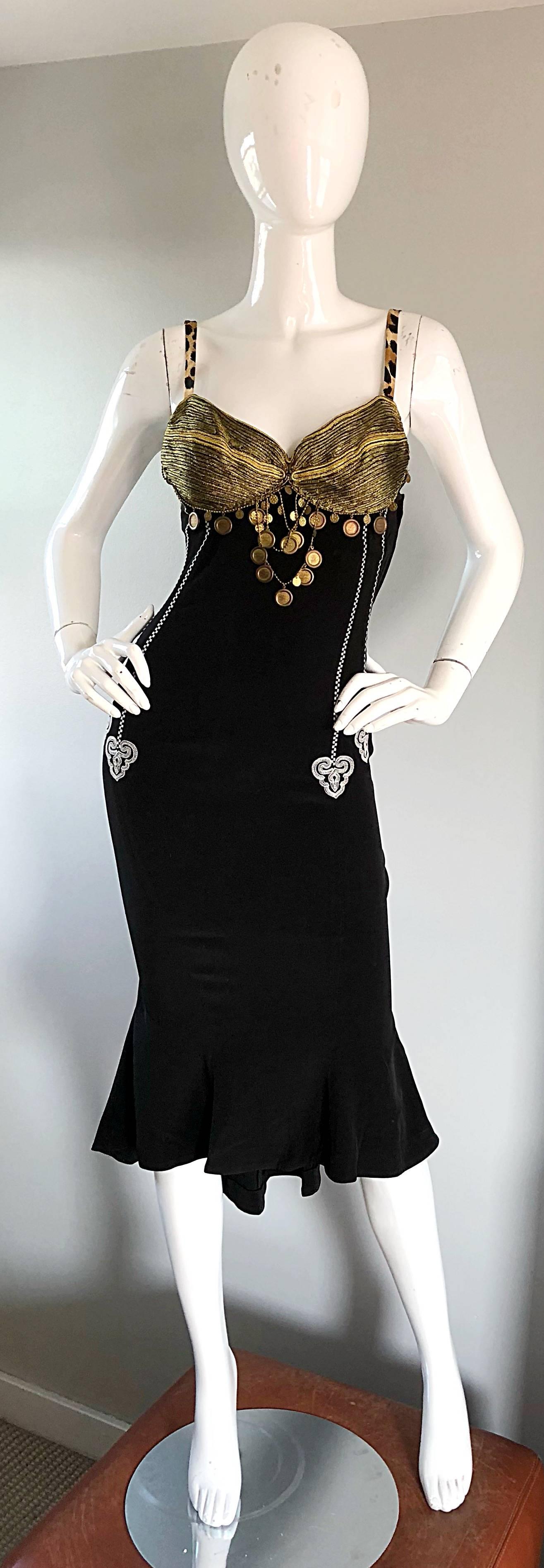 De las mujeres Años 80 Rifat Ozbek Sz 8 Negro Blanco Leopardo Moneda Adornado Vestido Sirena en venta