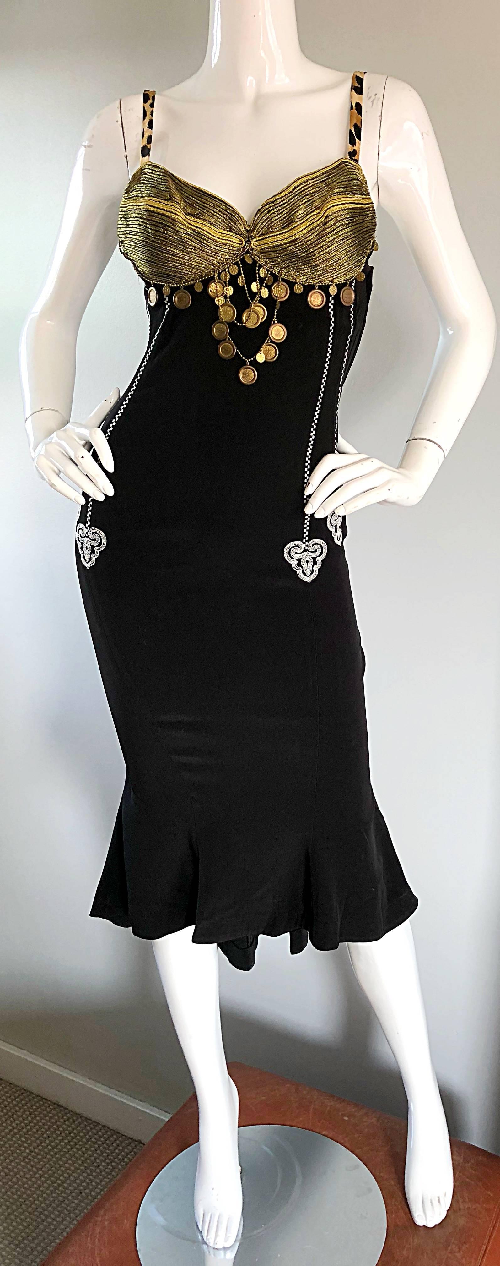 Años 80 Rifat Ozbek Sz 8 Negro Blanco Leopardo Moneda Adornado Vestido Sirena en venta 1