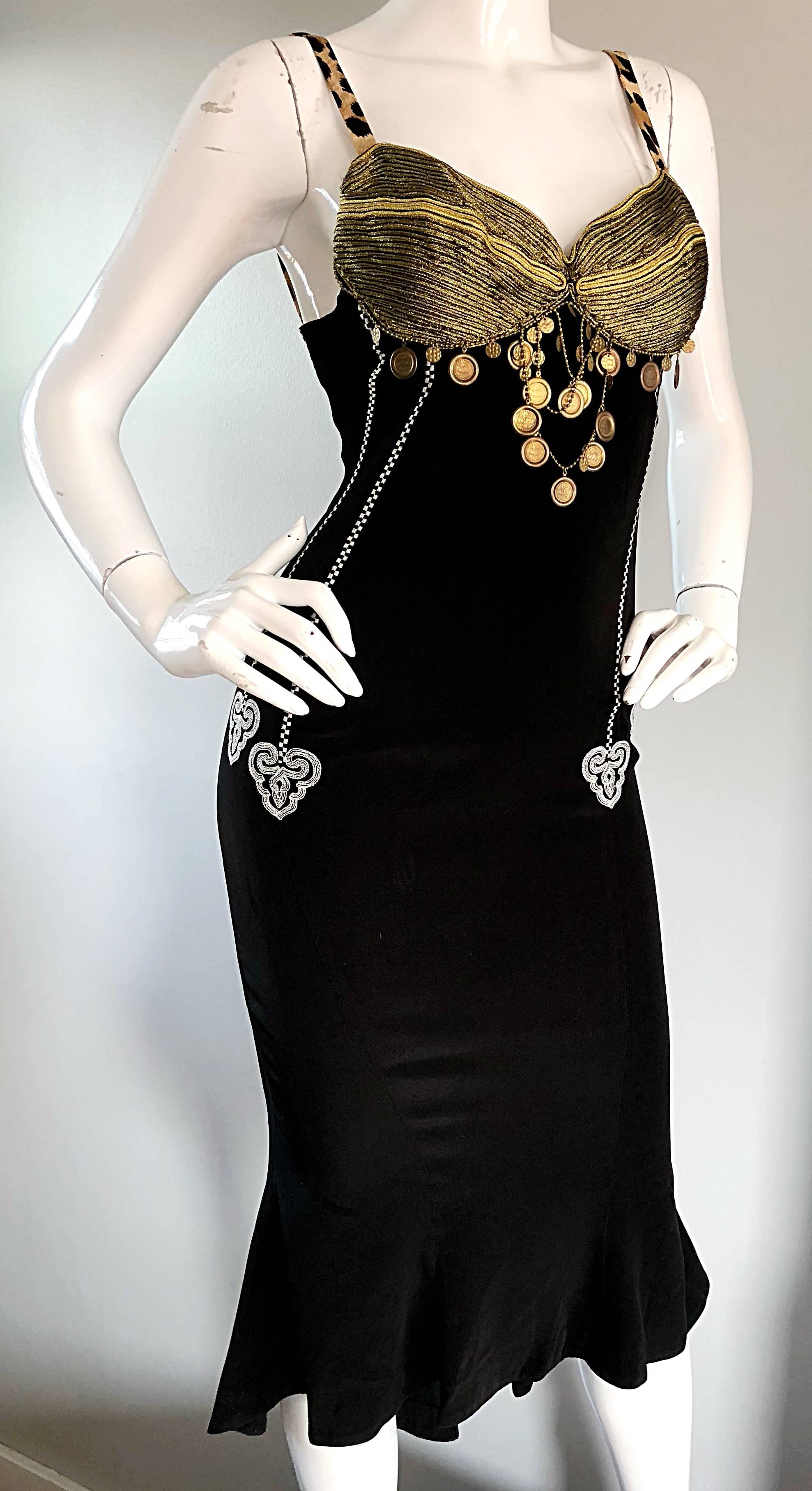 1980s Rifat Ozbek Sz 8 Black White Leopard Print Coin Embellished Mermaid Dress For Sale 1