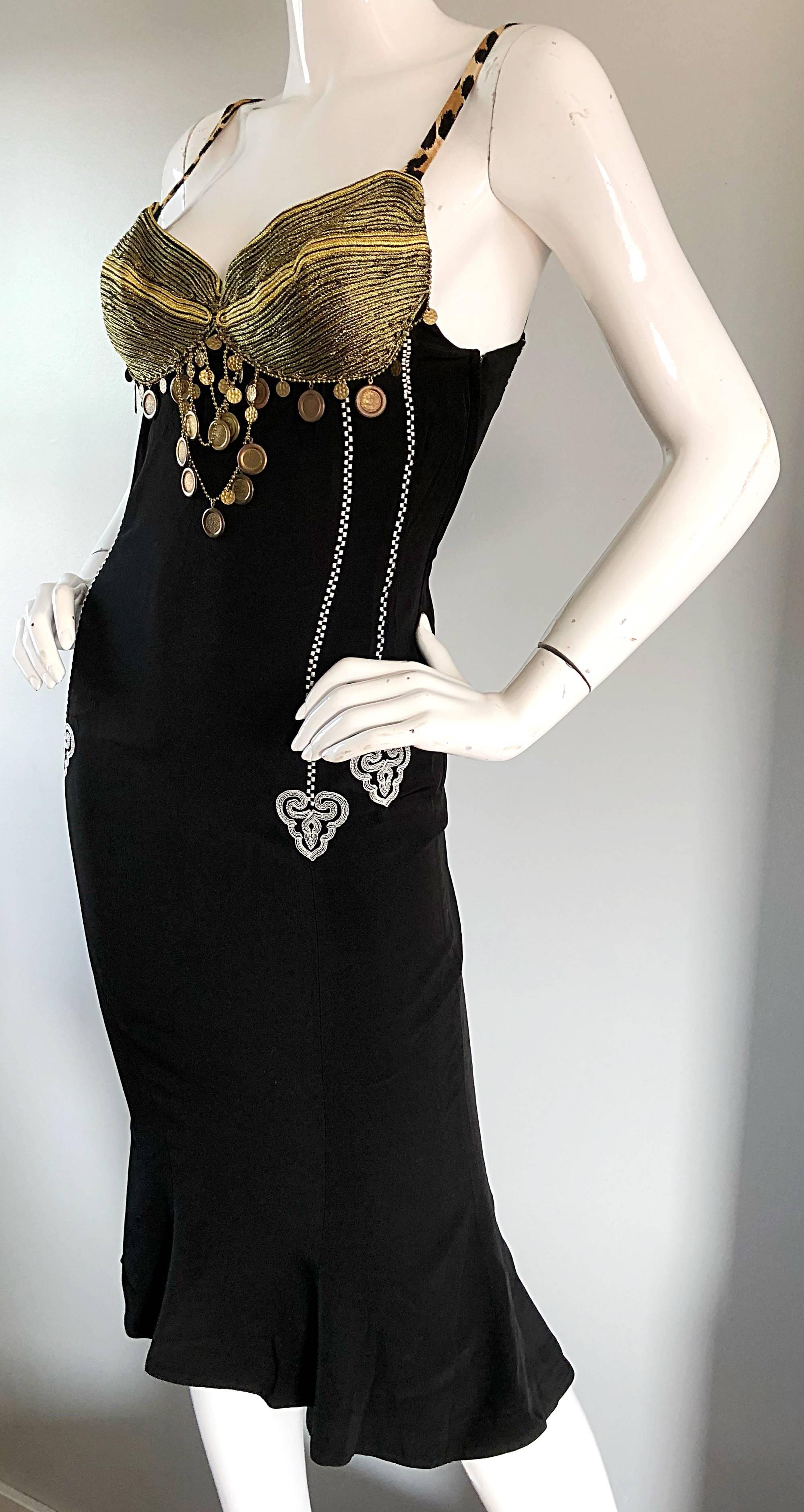 Años 80 Rifat Ozbek Sz 8 Negro Blanco Leopardo Moneda Adornado Vestido Sirena en venta 3