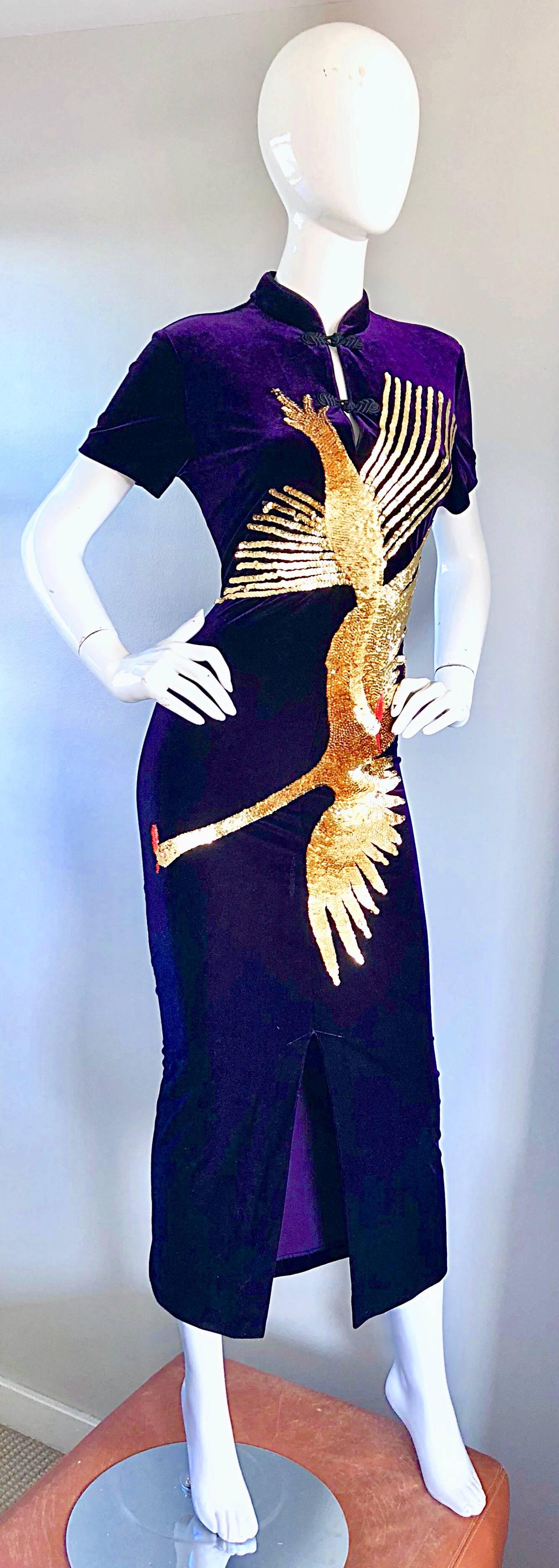 Amazing Vintage Purple Velvet Gold Sequin Rooster Asian Bodycon Cheongsam Dress 1