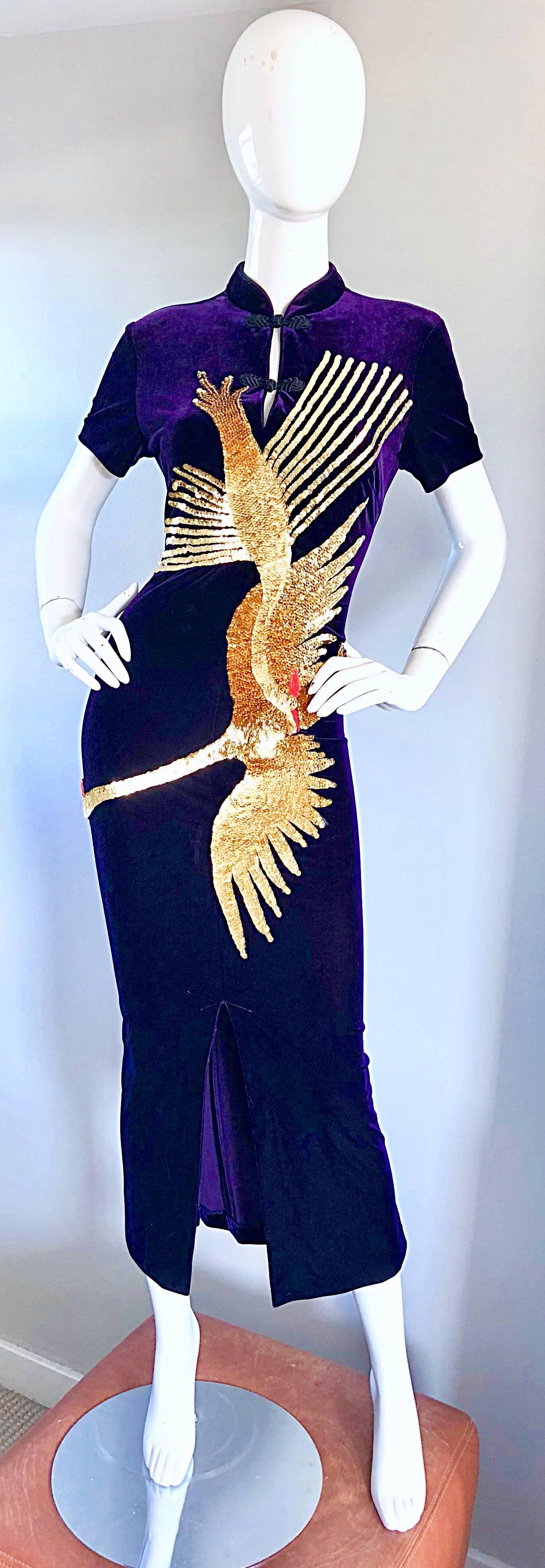 Amazing vintage 1990s / 90s deep purple velvet novelty bodcon sequined Cheongsam! Features a soft stretch to fit velvet. Hundreds of hand-sewn gold and red sequins form the shape on a rooster chicken on the front bodice. Hidden zipper up the back
