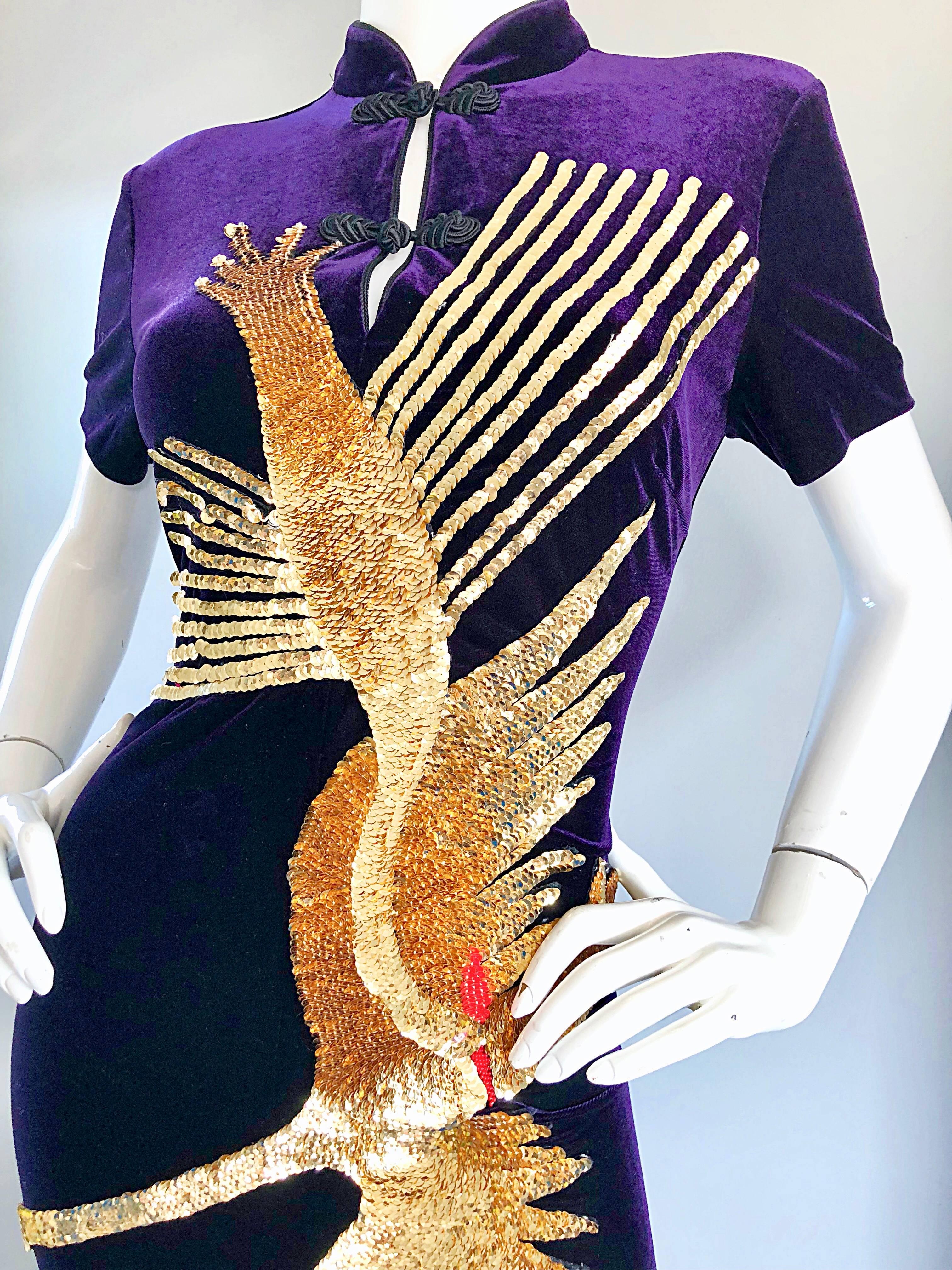 Black Amazing Vintage Purple Velvet Gold Sequin Rooster Asian Bodycon Cheongsam Dress