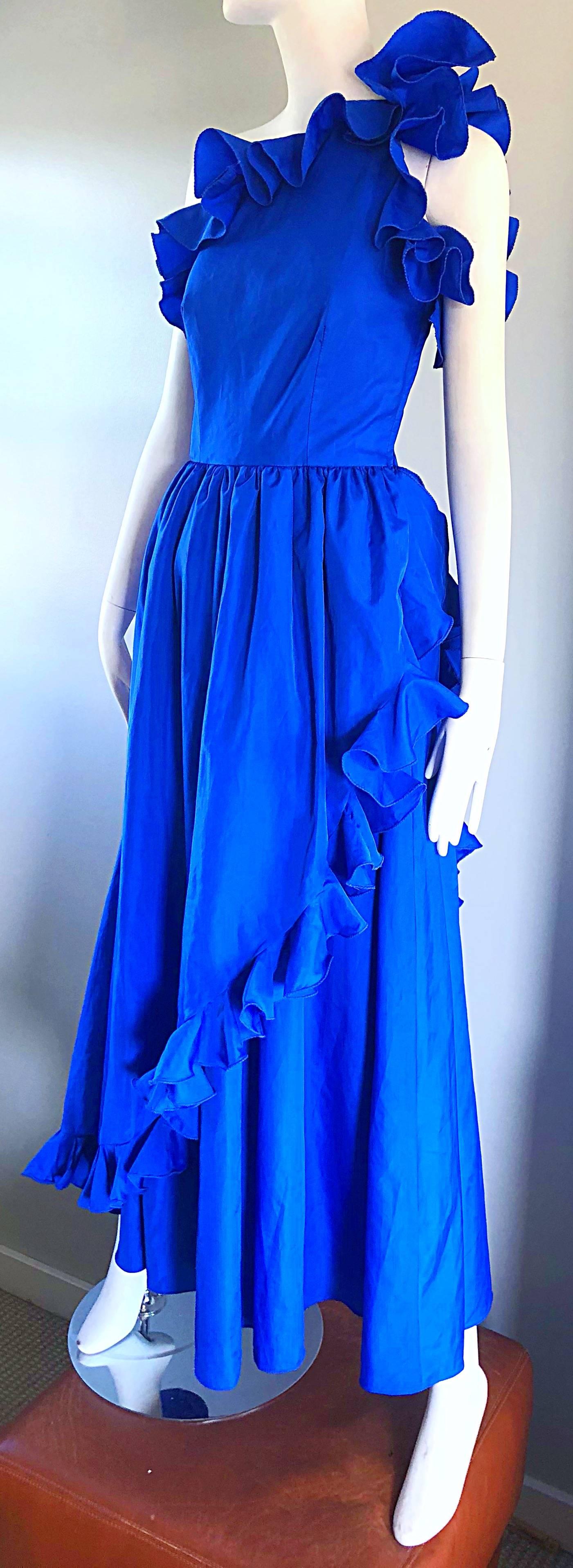 I Magnin Royal Blue One Shoulder Avant Garde Vintage Gown, 1980s For Sale 1