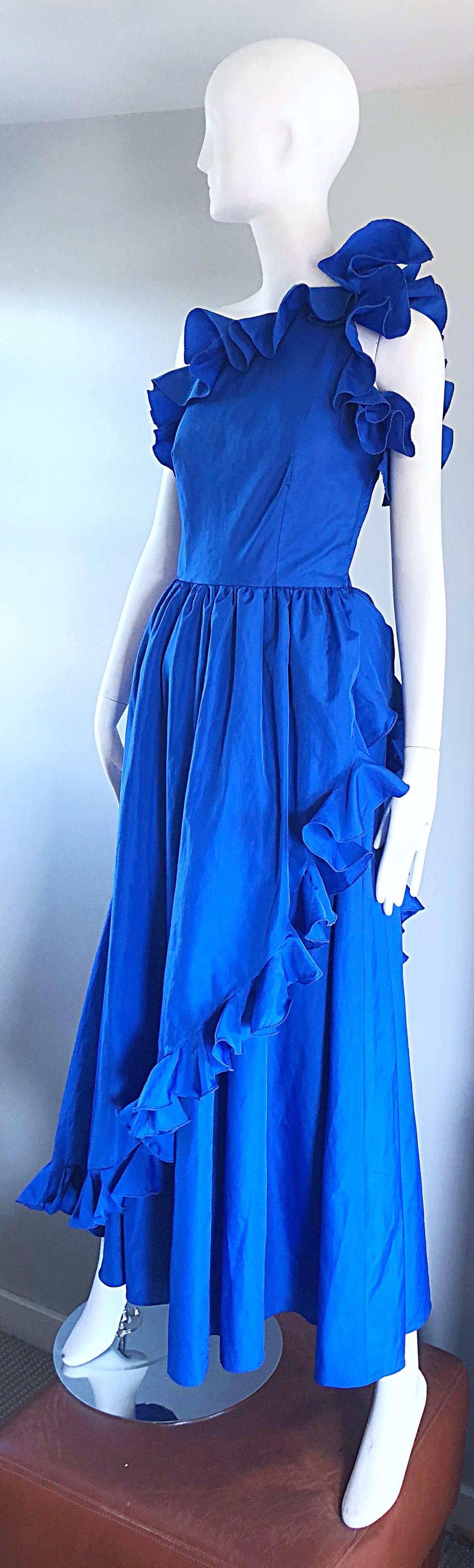 Women's I Magnin Royal Blue One Shoulder Avant Garde Vintage Gown, 1980s For Sale