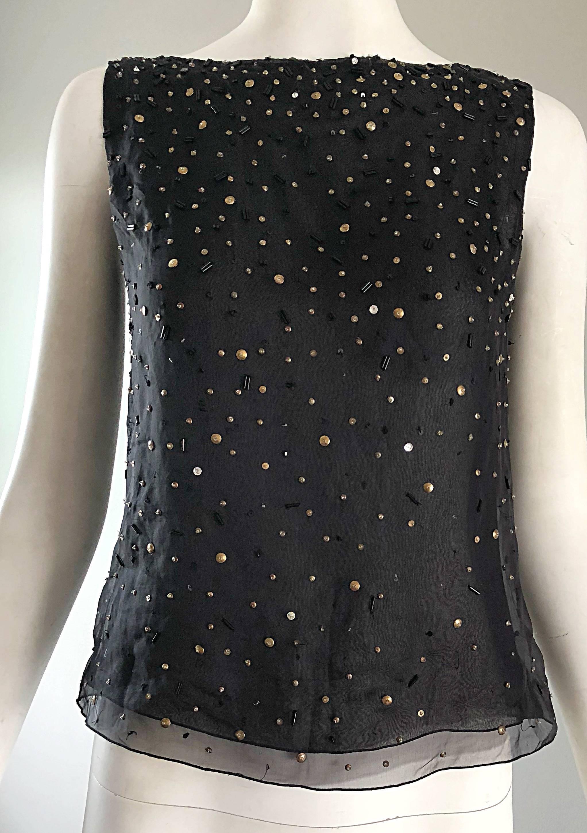 Gianni Versace Genny Black Silk Chiffon Semi Sheer Vintage Shell Blouse, 1990 In Excellent Condition For Sale In San Diego, CA