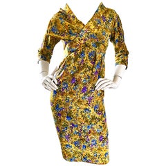 Rembrandt Yellow Blue Purple Floral Demi Couture 3/4 Sleeves Silk Dress, 1950s 