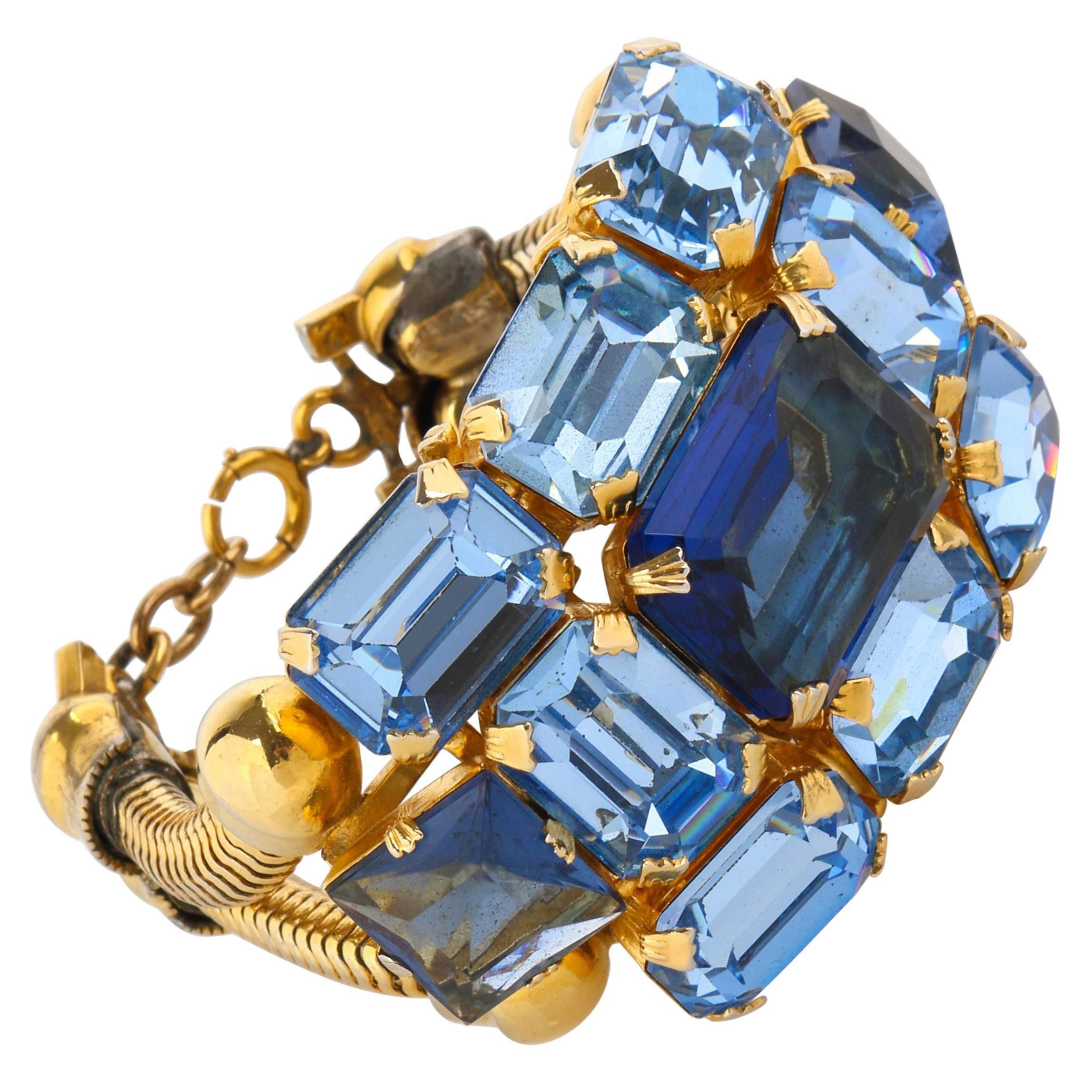 c.1950's Blue Glass Rhinestone Gold Banded Massive Statement Cuff Bracelet