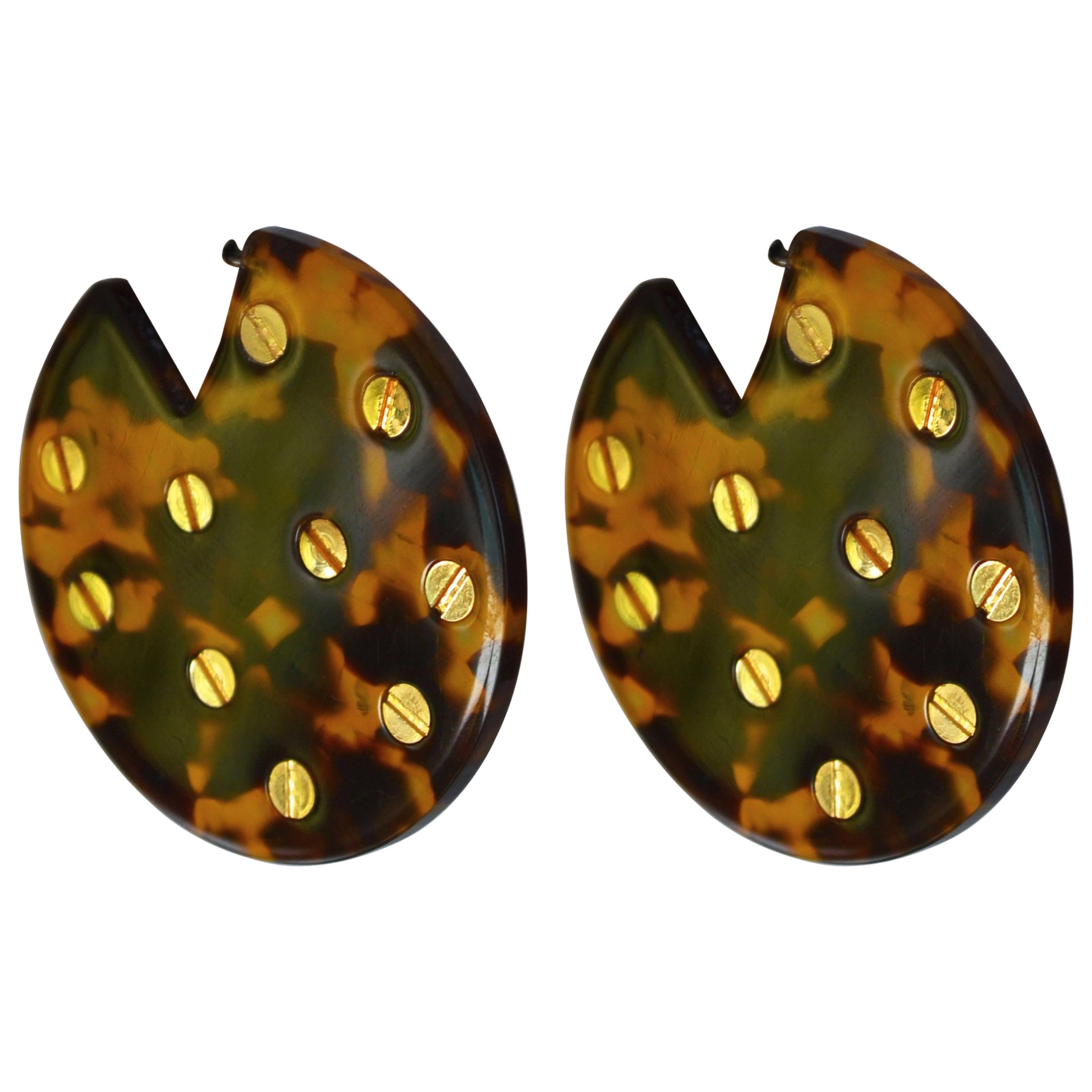 Vanda Jacintho Circular Tortoise and Brass Pierced Earrings