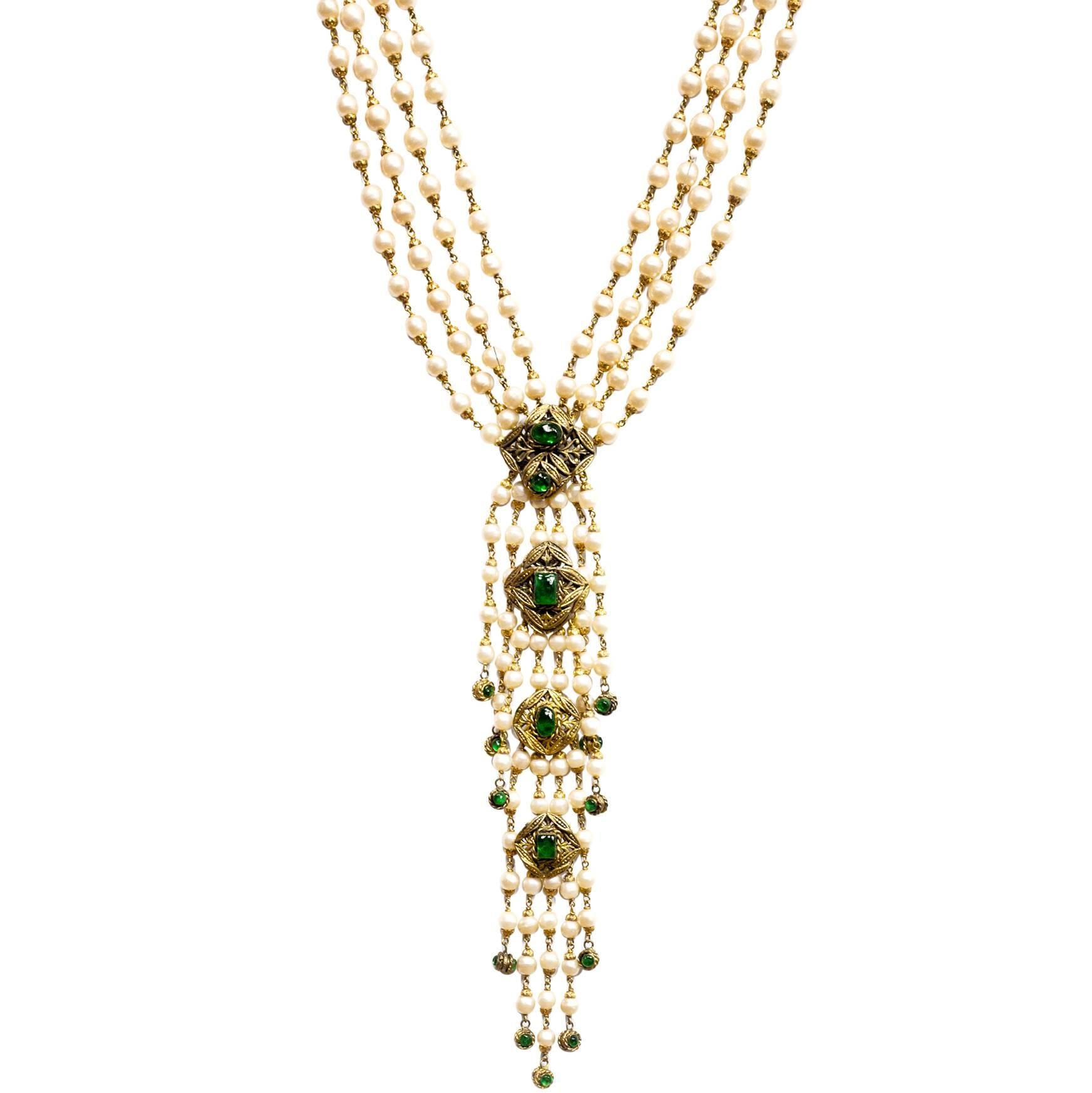 Chanel Vintage '70s Multi-Strand Pearl & Green Gripoix Drop Necklace